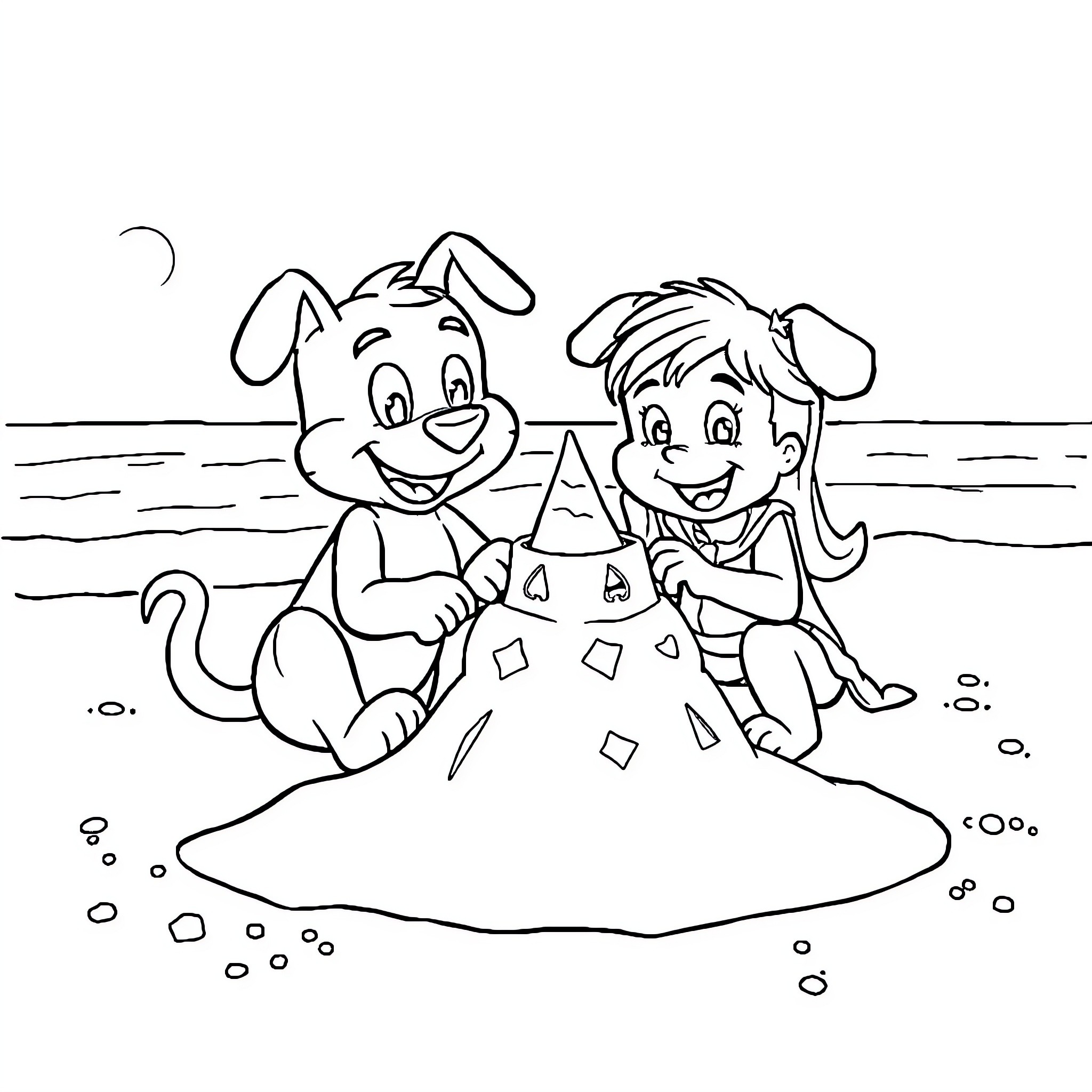 Bluey and friends playing in the sand Coloring Page (free black-and-white line drawing printable PDF for all, from beginners to advanced learners, including children, teens, adults, and seniors)