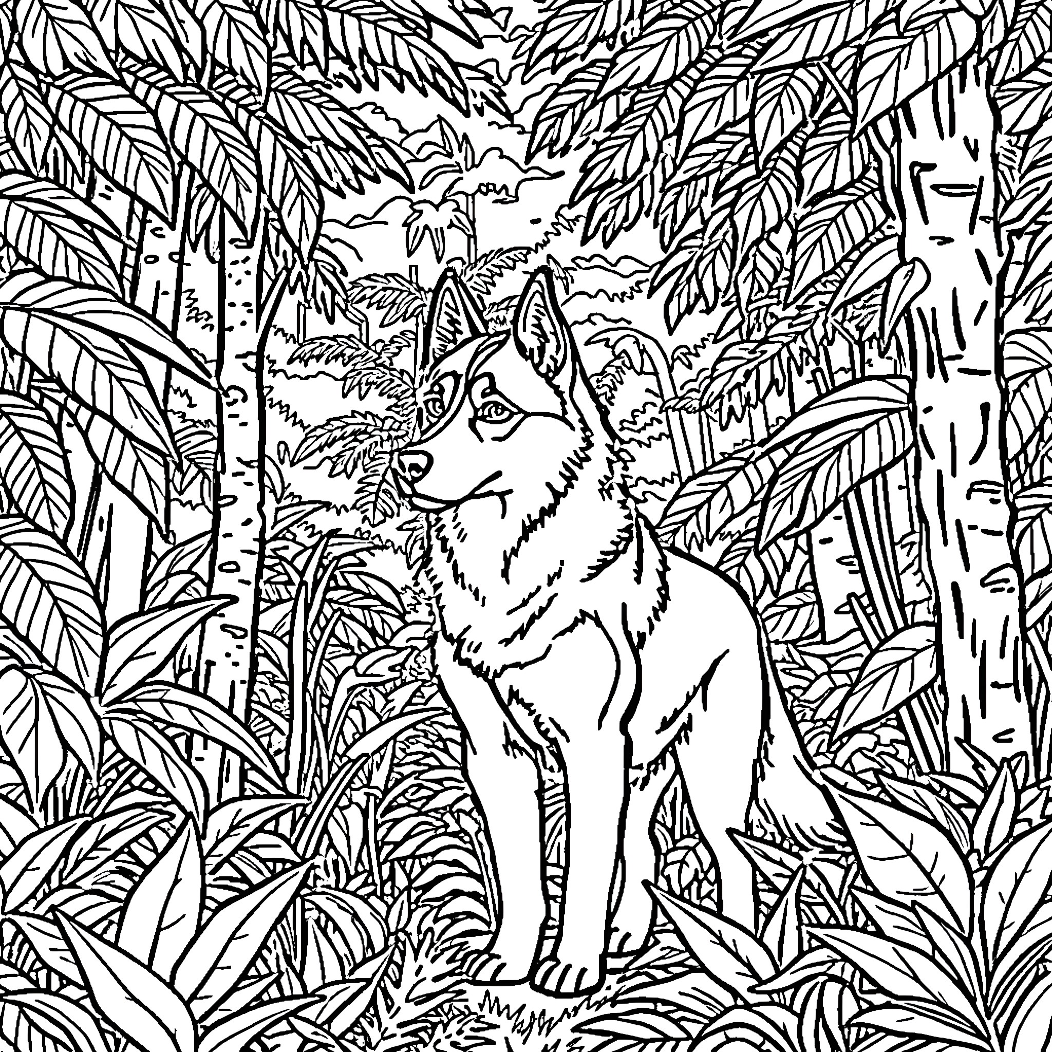 Husky exploring the lush jungle wilderness Coloring Page (free black-and-white line drawing printable PDF for all, from beginners to advanced learners, including children, teens, adults, and seniors)