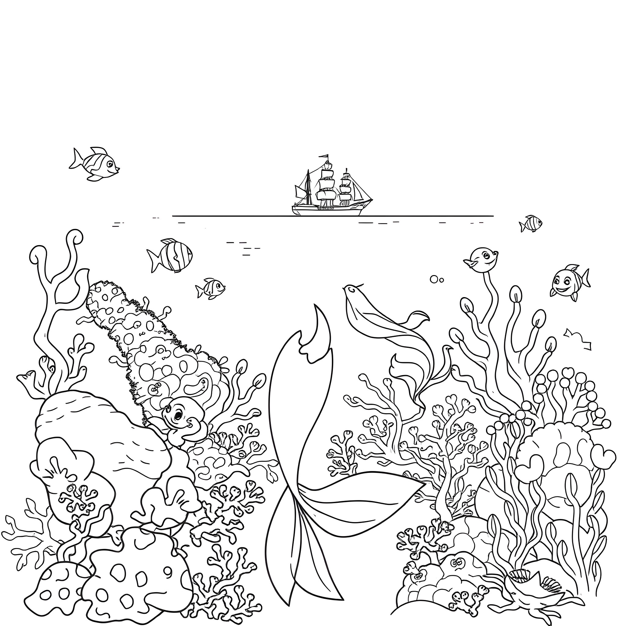 Ariel's Underwater Adventure with Coral Reef and Sea Creatures Coloring Page (free black-and-white line drawing printable PDF for all, from beginners to advanced learners, including children, teens, adults, and seniors)