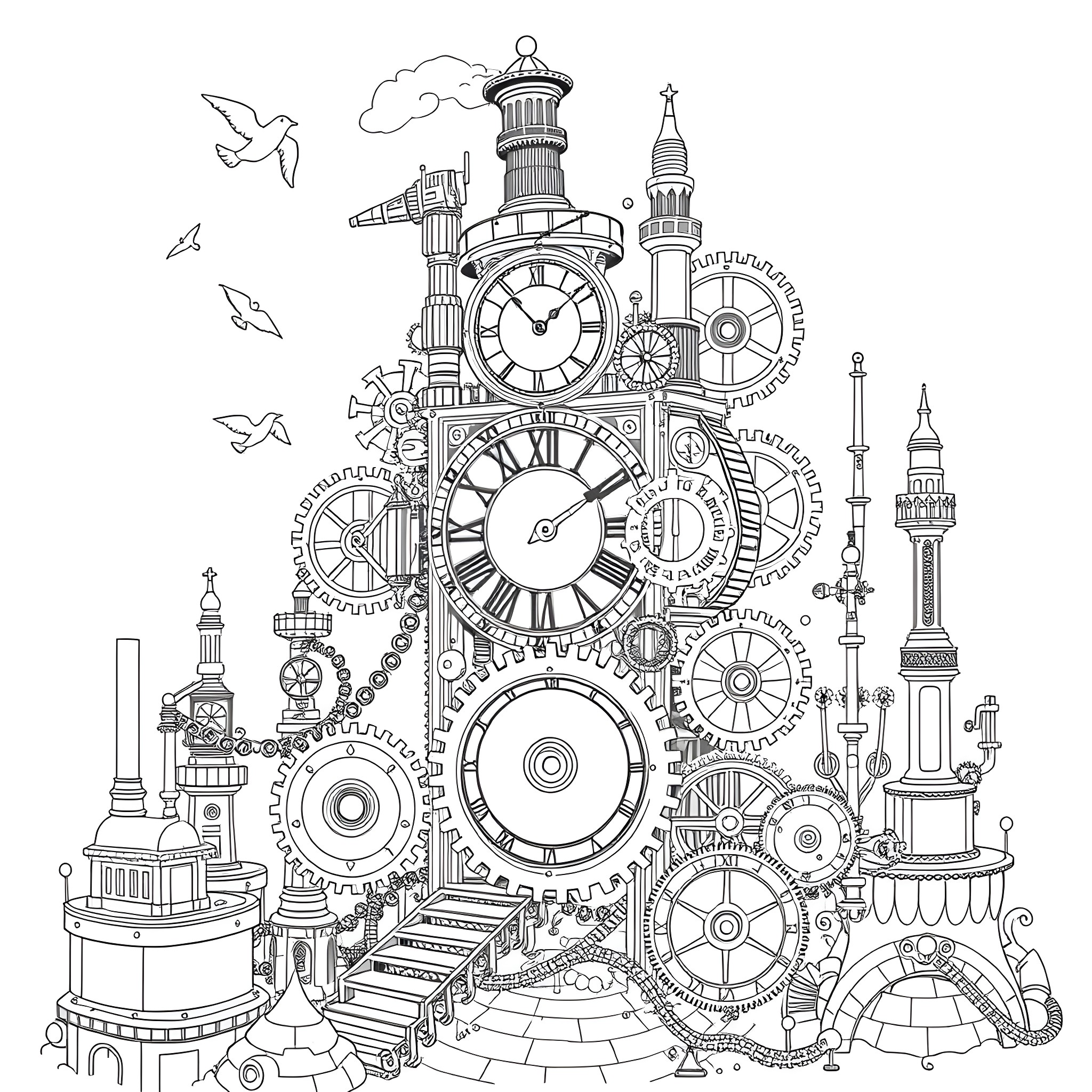 Steampunk Clockwork City with Whimsical Elements Coloring Page (free black-and-white line drawing printable PDF for all, from beginners to advanced learners, including children, teens, adults, and seniors)