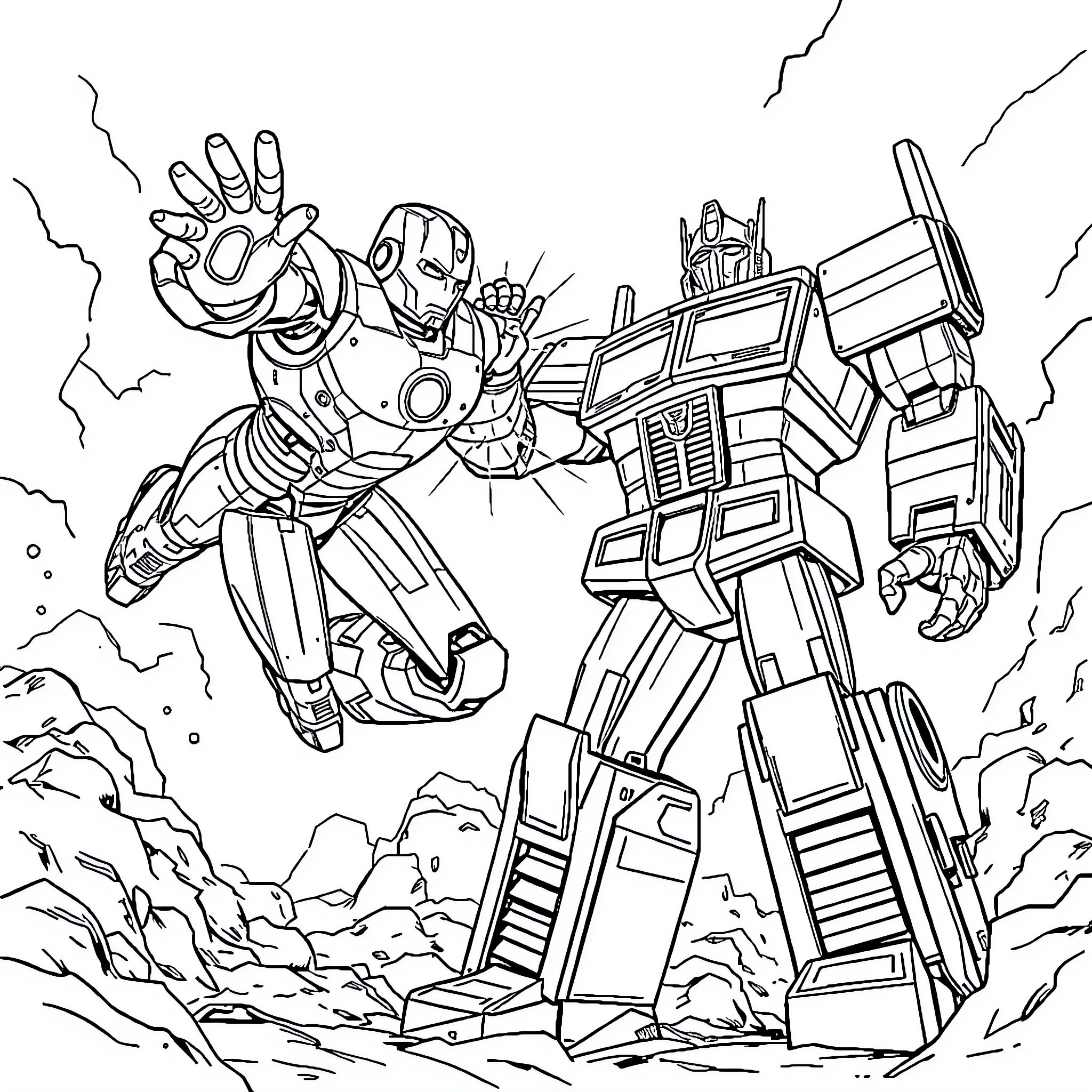 Ironman battles a giant robot warrior Coloring Page (free black-and-white line drawing printable PDF for all, from beginners to advanced learners, including children, teens, adults, and seniors)