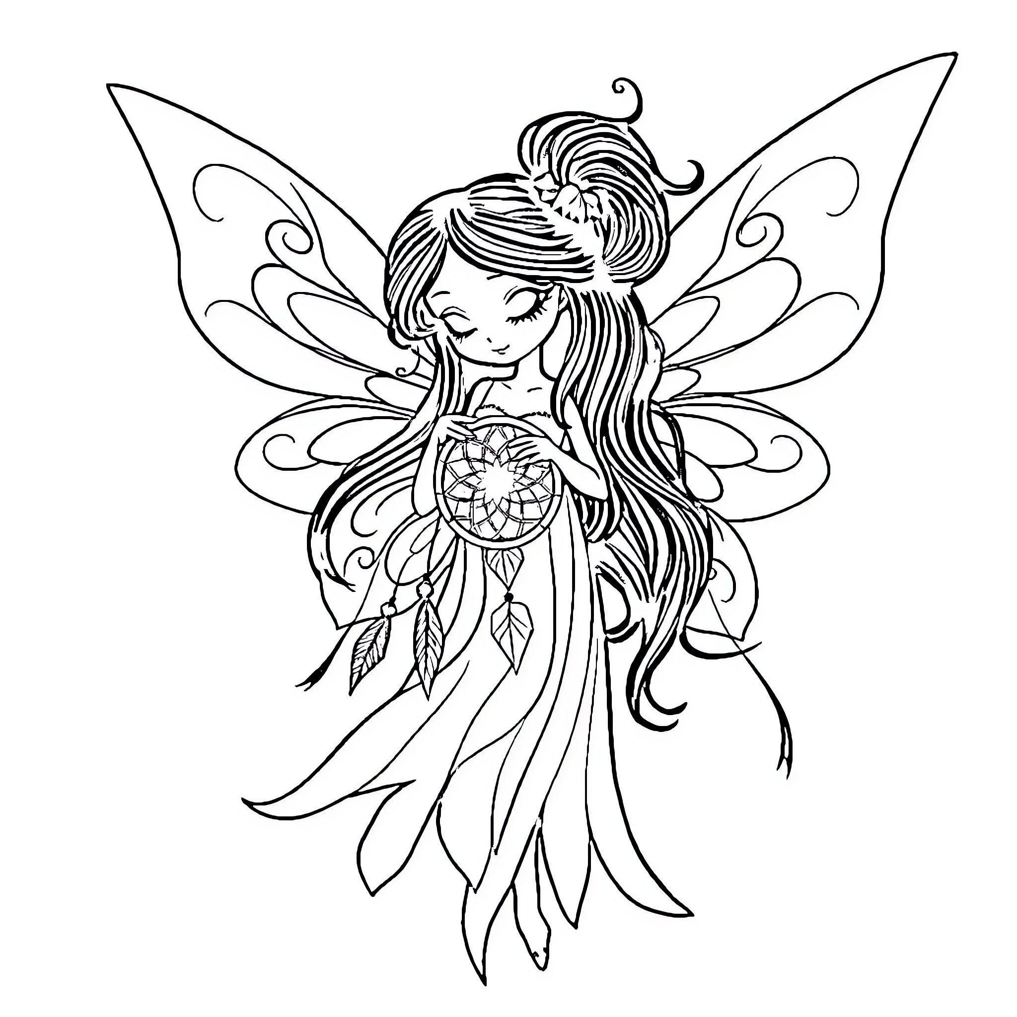 Fairy with Dreamcatcher Pendant in Flowing Attire Coloring Page (free black-and-white line drawing printable PDF for all, from beginners to advanced learners, including children, teens, adults, and seniors)
