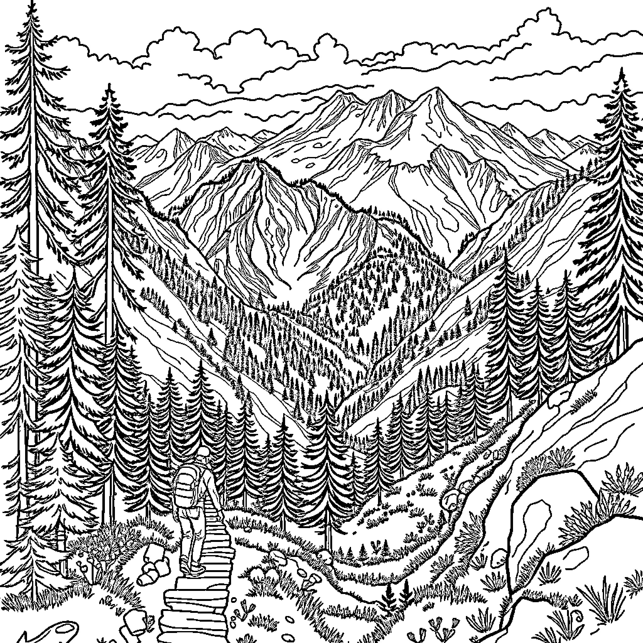 Labubu's Nature Adventure in the Wilderness Coloring Page (free black-and-white line drawing printable PDF for all, from beginners to advanced learners, including children, teens, adults, and seniors)