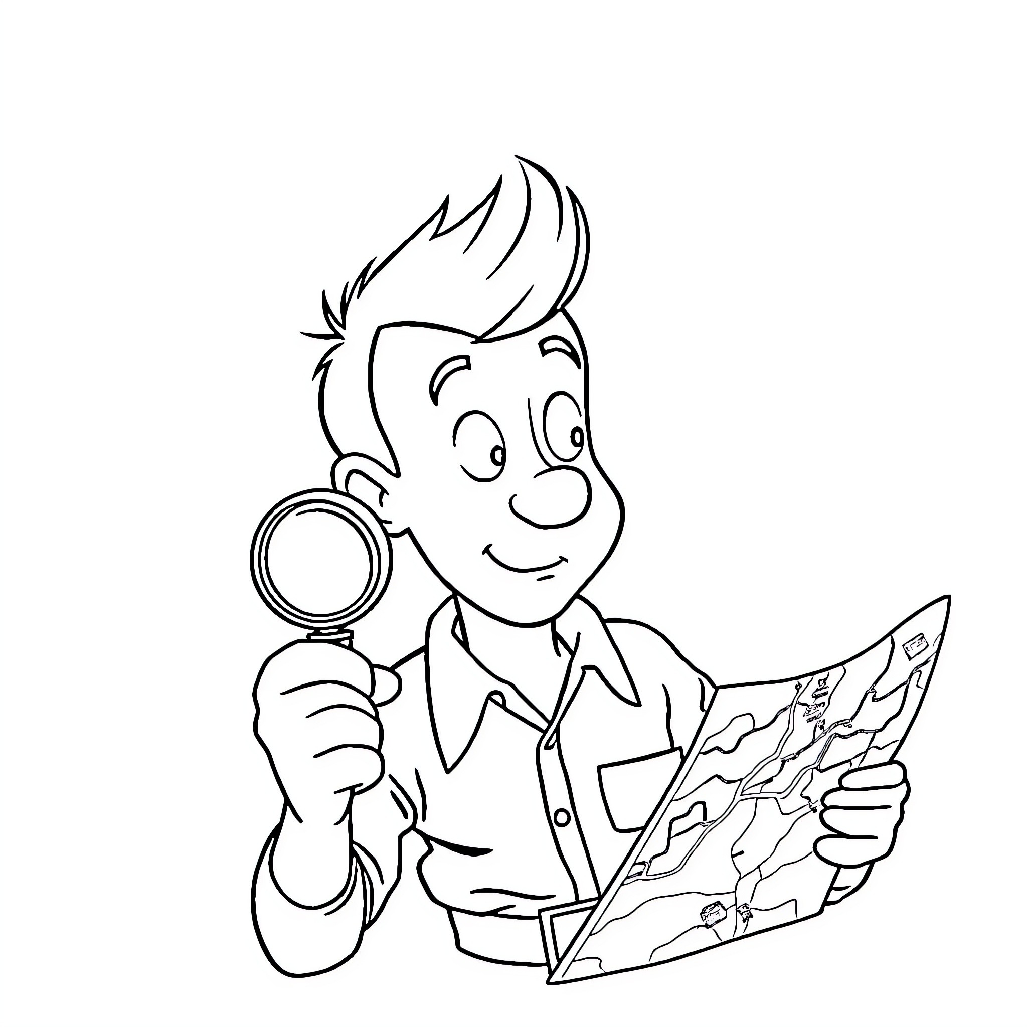 Tintin examining a map with magnifying glass Coloring Page (free black-and-white line drawing printable PDF for all, from beginners to advanced learners, including children, teens, adults, and seniors)