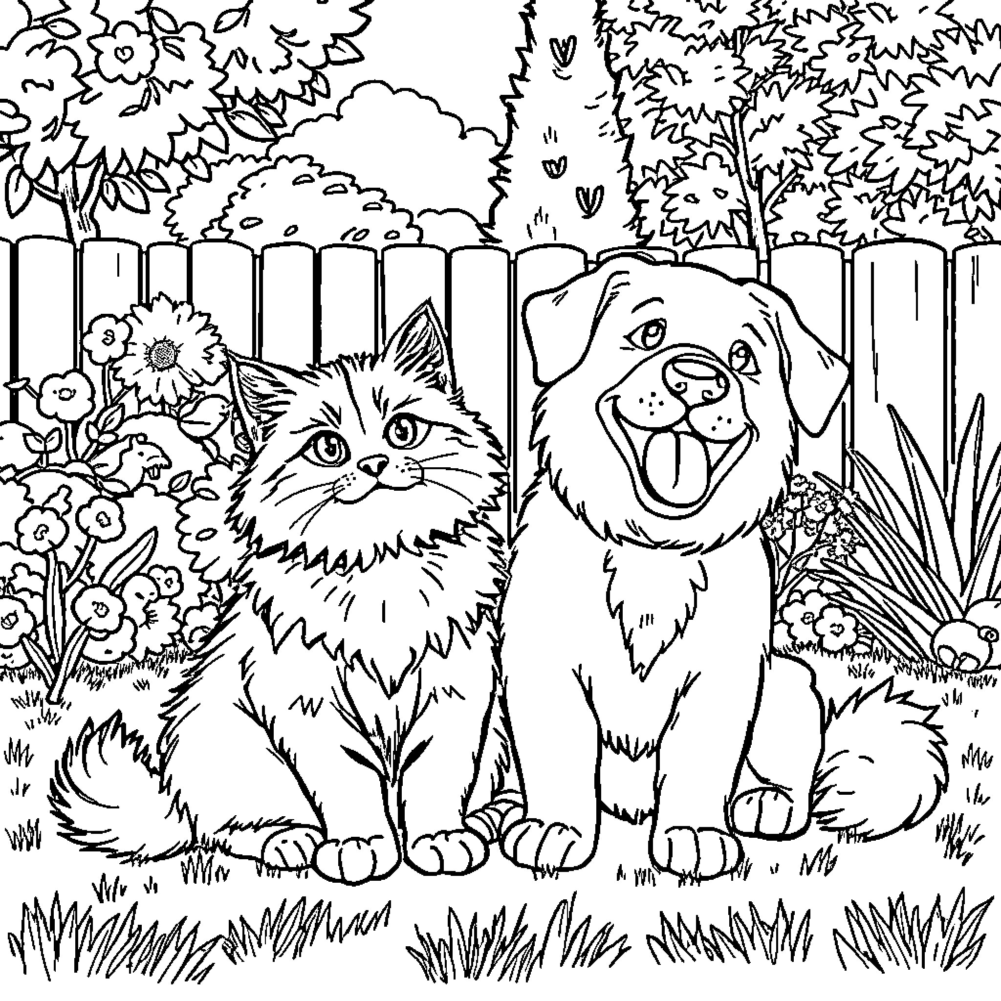 Cat and dog in the garden Coloring Page (free black-and-white line drawing printable PDF for all, from beginners to advanced learners, including children, teens, adults, and seniors)