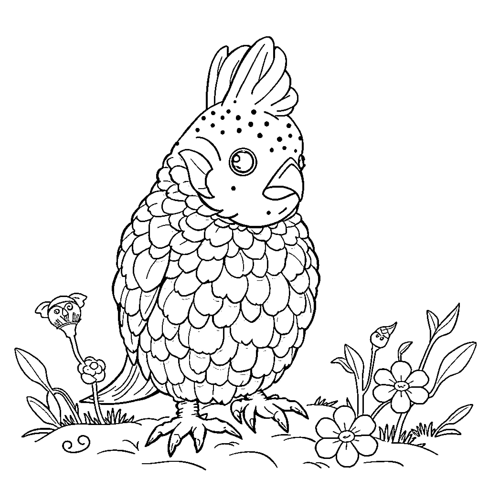 Parrot surrounded by flowers in the garden Coloring Page (free black-and-white line drawing printable PDF for all, from beginners to advanced learners, including children, teens, adults, and seniors)