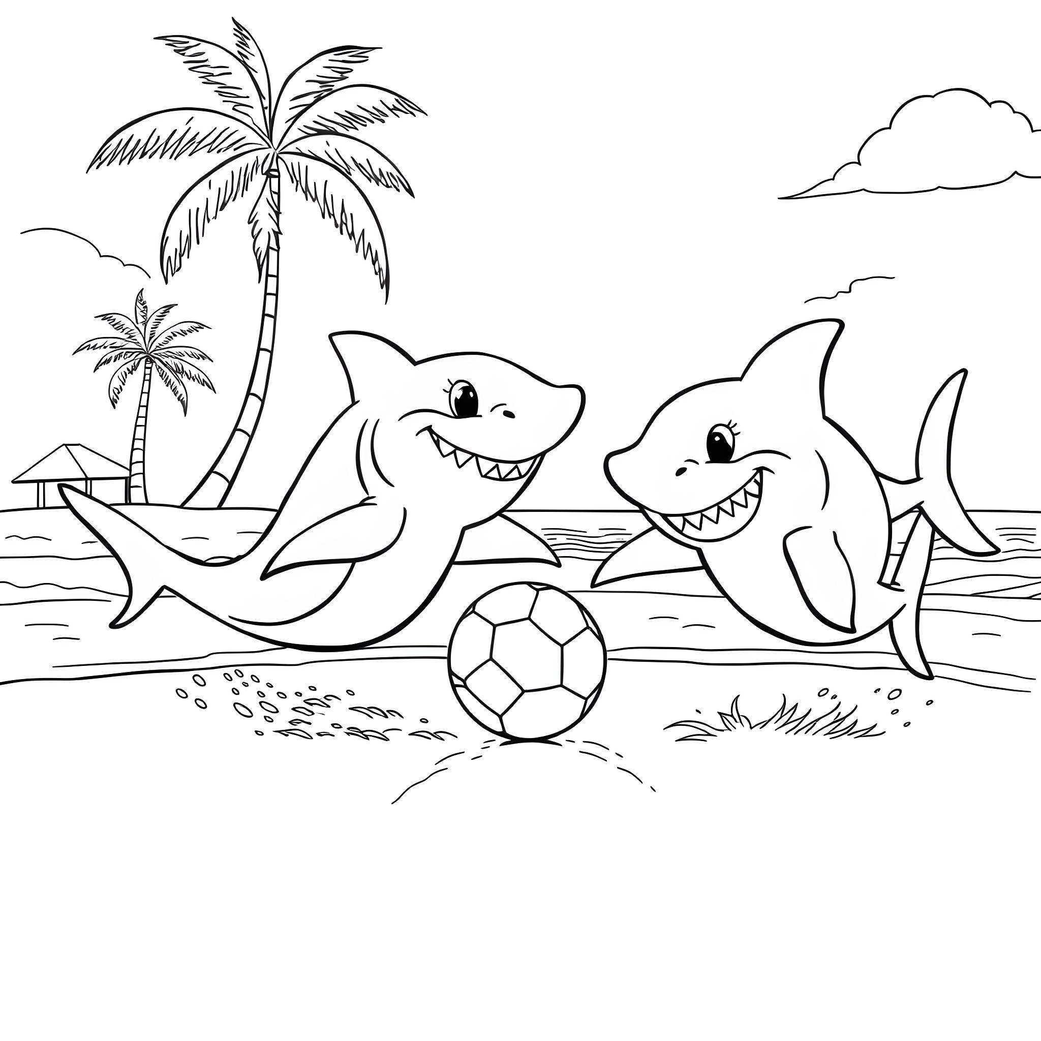 Shark playing with soccer ball on the beach Coloring Page (free black-and-white line drawing printable PDF for all, from beginners to advanced learners, including children, teens, adults, and seniors)