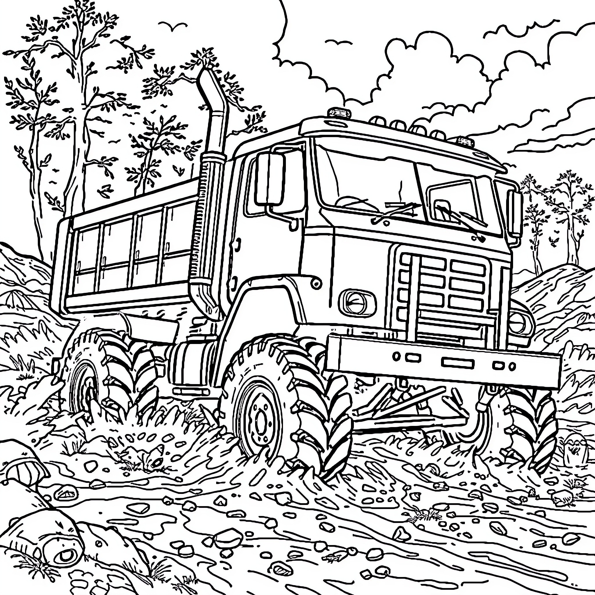 Truck transporting goods through the countryside Coloring Page (free black-and-white line drawing printable PDF for all, from beginners to advanced learners, including children, teens, adults, and seniors)