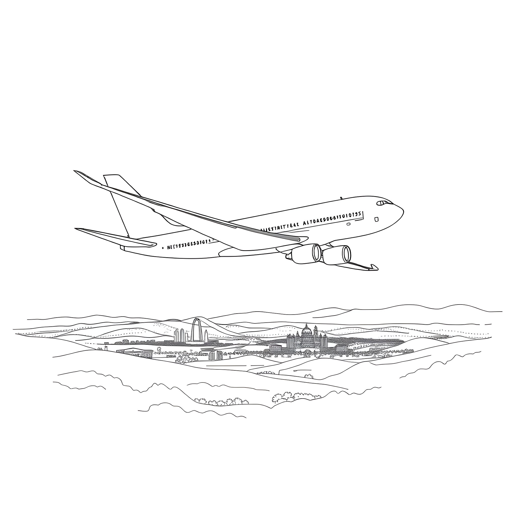 Airplane soaring over a city skyline Coloring Page (free black-and-white line drawing printable PDF for all, from beginners to advanced learners, including children, teens, adults, and seniors)