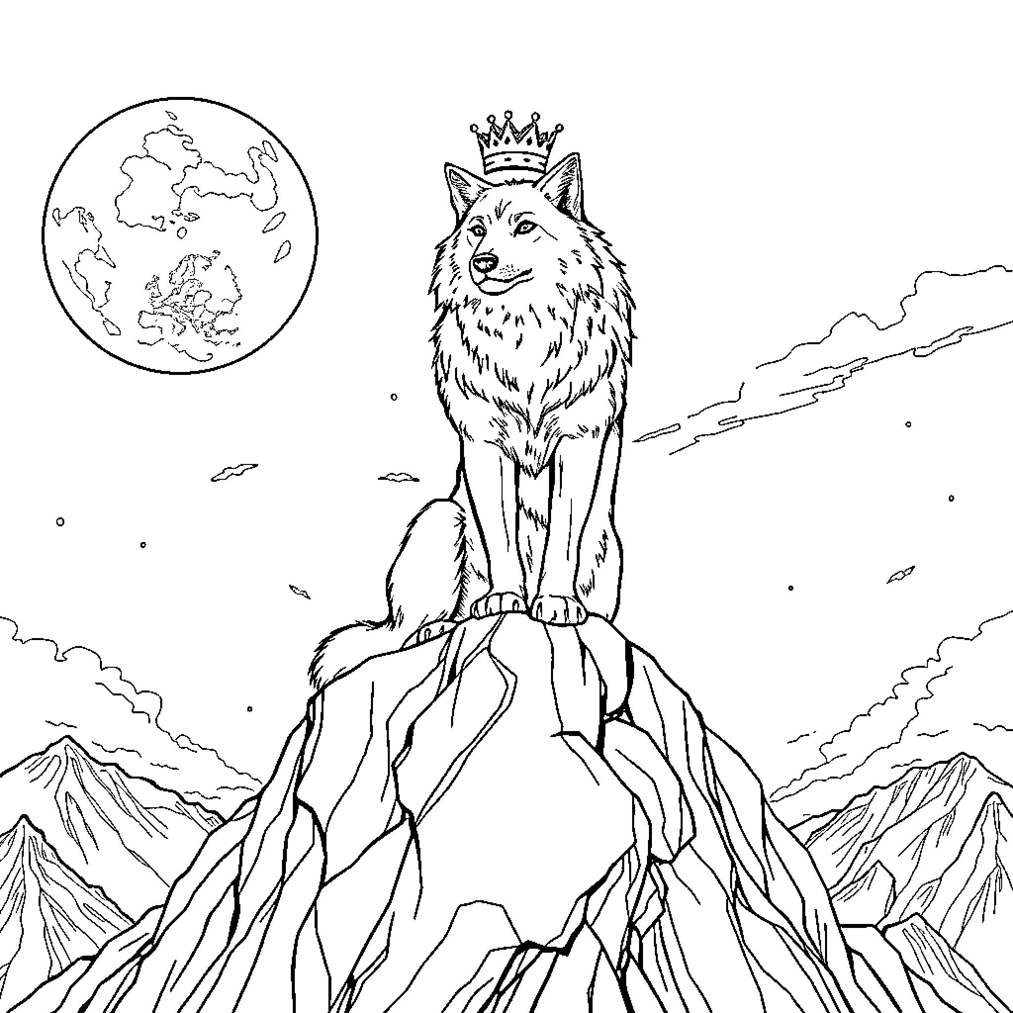 Wolf ruling over a majestic mountain landscape Coloring Page (free black-and-white line drawing printable PDF for all, from beginners to advanced learners, including children, teens, adults, and seniors)