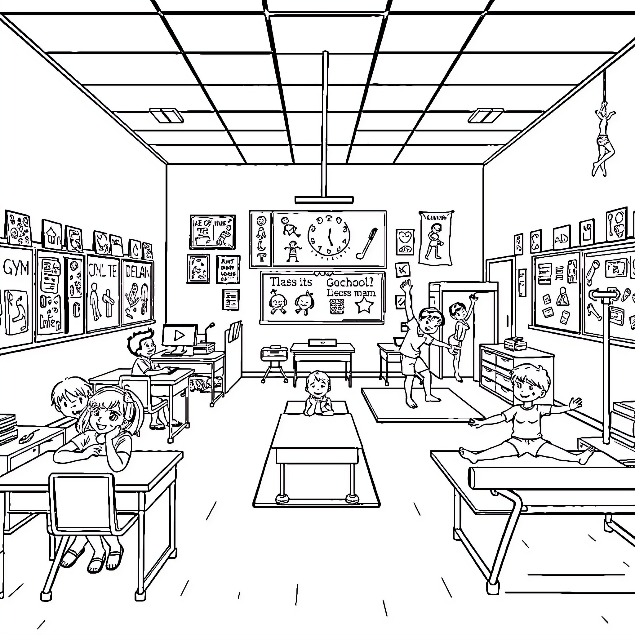 Gymnasts practicing in colorful classroom Coloring Page (free black-and-white line drawing printable PDF for all, from beginners to advanced learners, including children, teens, adults, and seniors)