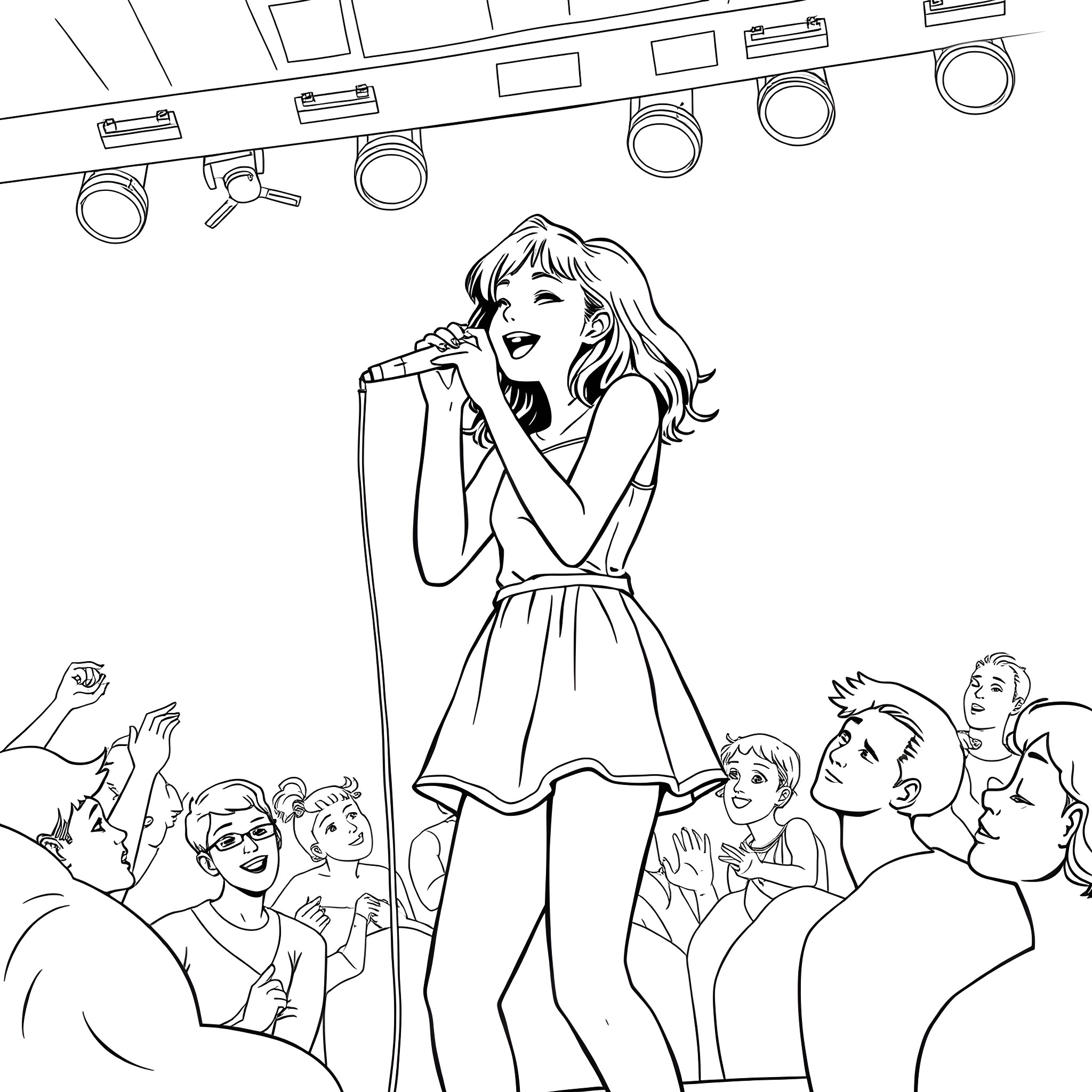 Teenage Girl Singing Passionately on Stage Coloring Page (free black-and-white line drawing printable PDF for all, from beginners to advanced learners, including children, teens, adults, and seniors)