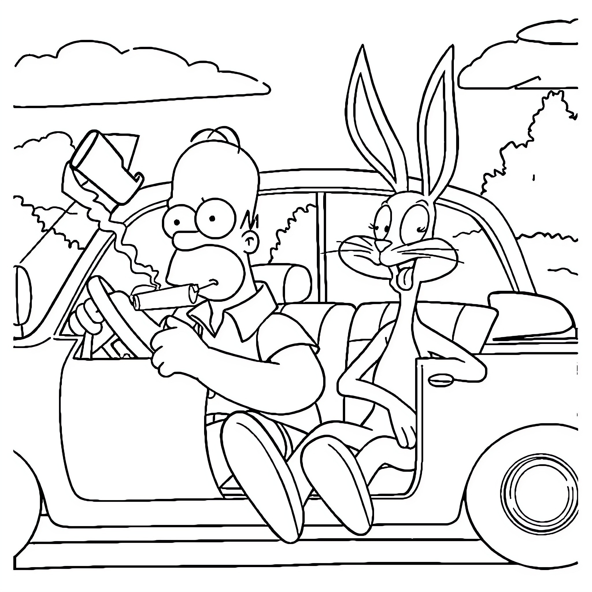 Homer Simpson on a roadtrip with Bugs Bunny Coloring Page (free black-and-white line drawing printable PDF for all, from beginners to advanced learners, including children, teens, adults, and seniors)