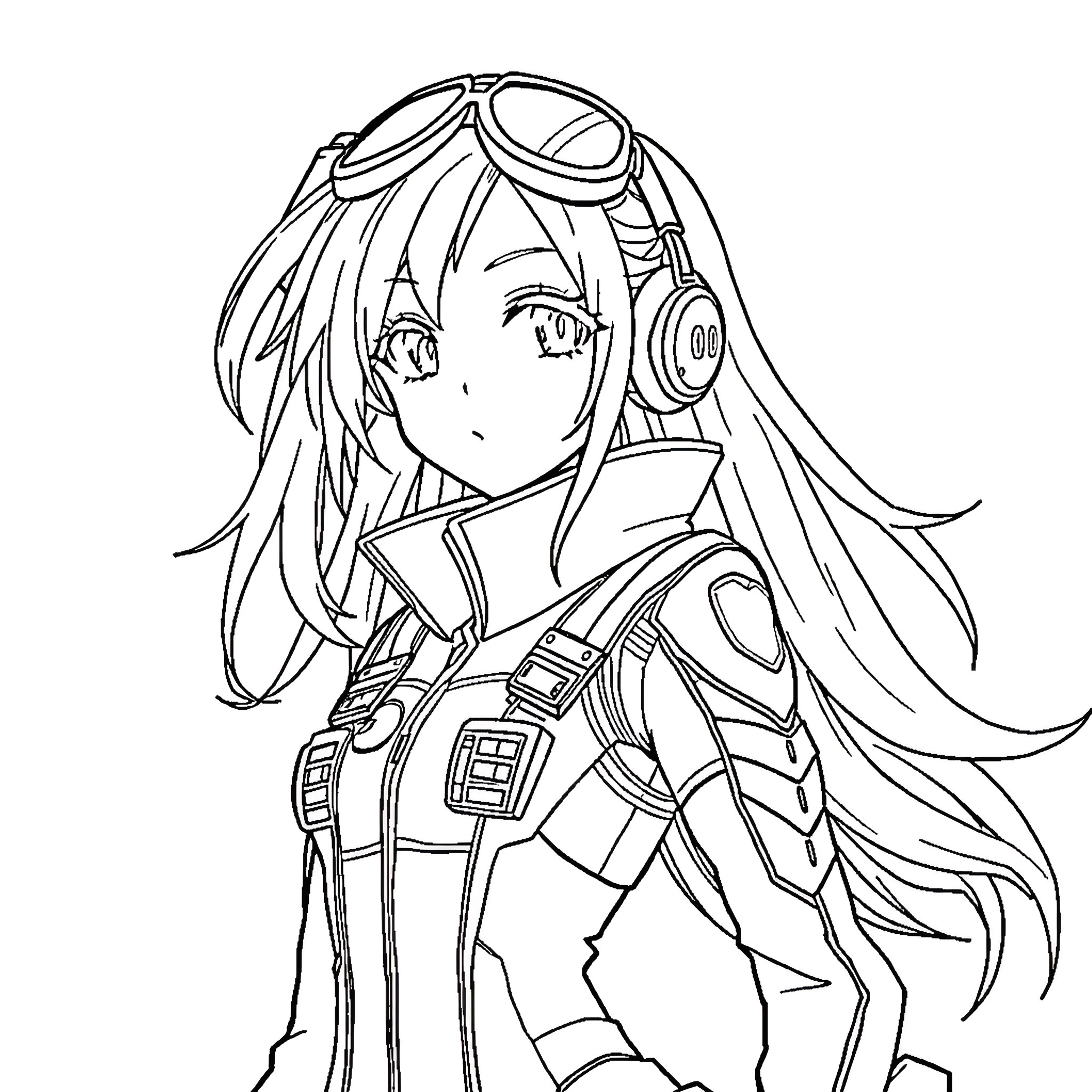 Sutorerichia: Futuristic Anime Character with Goggles and Uniform Coloring Page (free black-and-white line drawing printable PDF for all, from beginners to advanced learners, including children, teens, adults, and seniors)