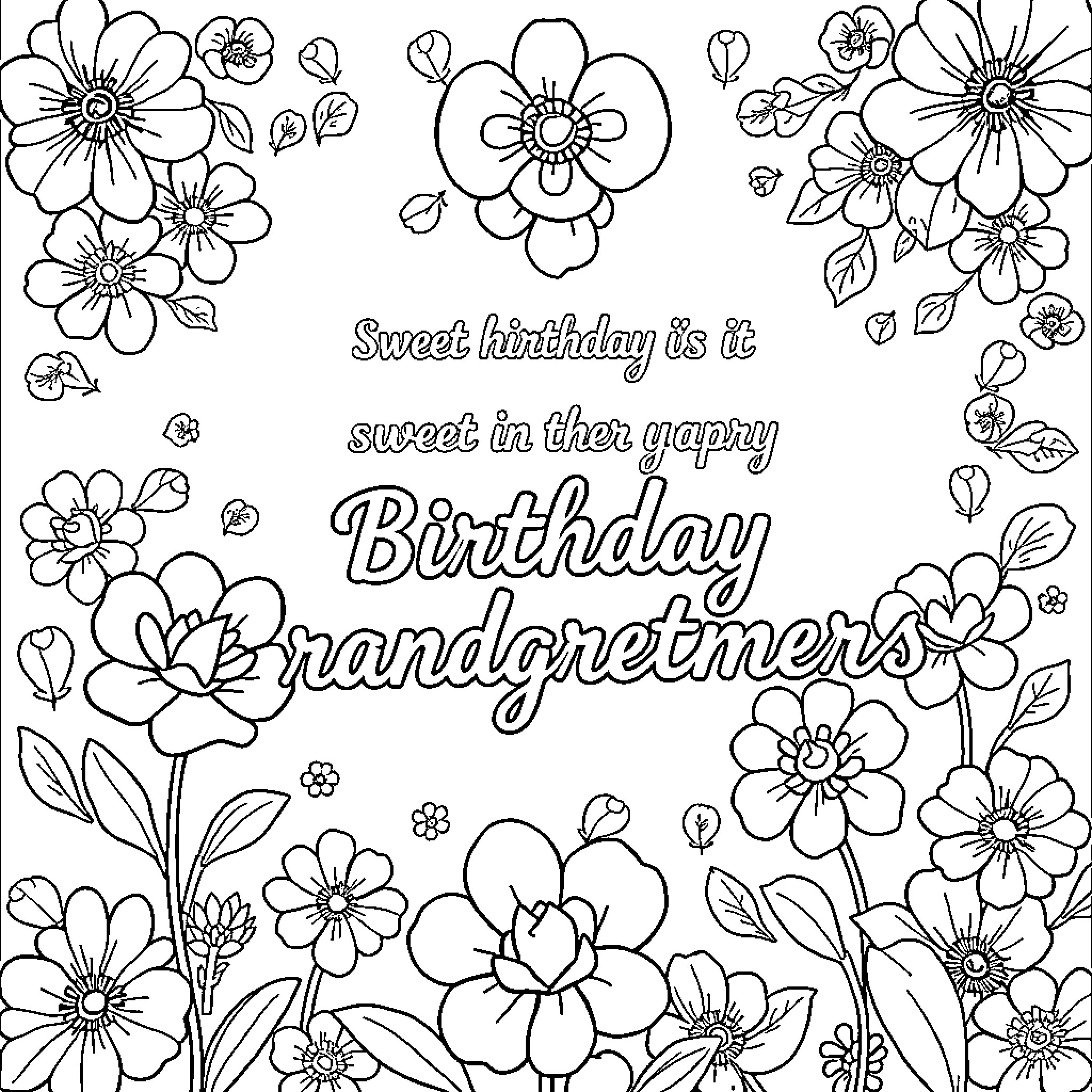 Birthday Card with Floral Designs and Message Coloring Page (free black-and-white line drawing printable PDF for all, from beginners to advanced learners, including children, teens, adults, and seniors)