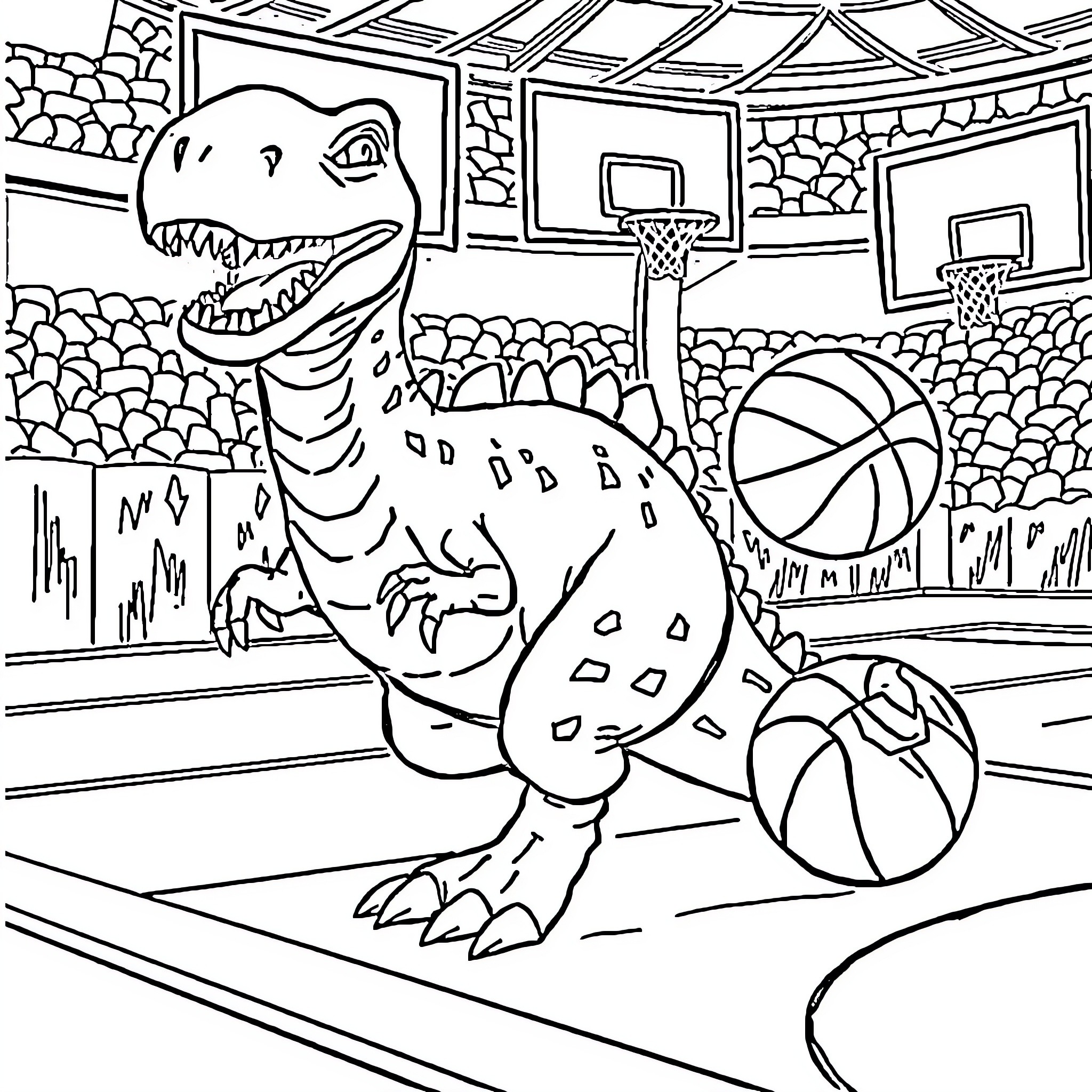 Dino playing basketball in the gym Coloring Page (free black-and-white line drawing printable PDF for all, from beginners to advanced learners, including children, teens, adults, and seniors)