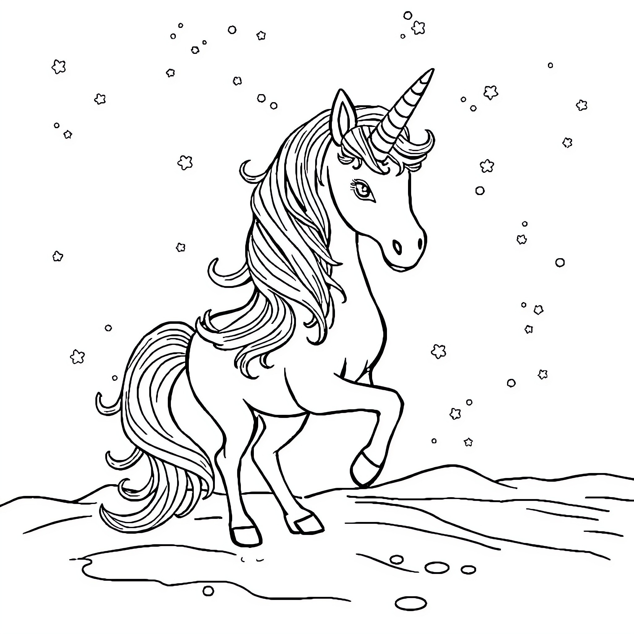 Unicorn standing proudly in a magical landscape Coloring Page (free black-and-white line drawing printable PDF for all, from beginners to advanced learners, including children, teens, adults, and seniors)