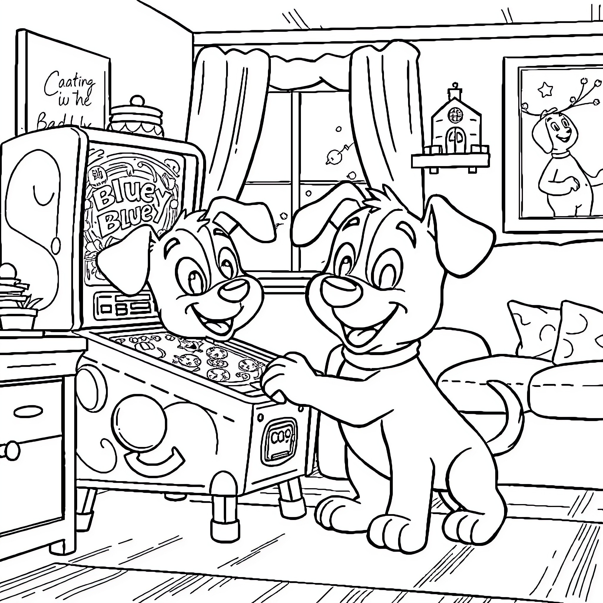 Bluey and Bingo Baking Together at Home Coloring Page (free black-and-white line drawing printable PDF for all, from beginners to advanced learners, including children, teens, adults, and seniors)