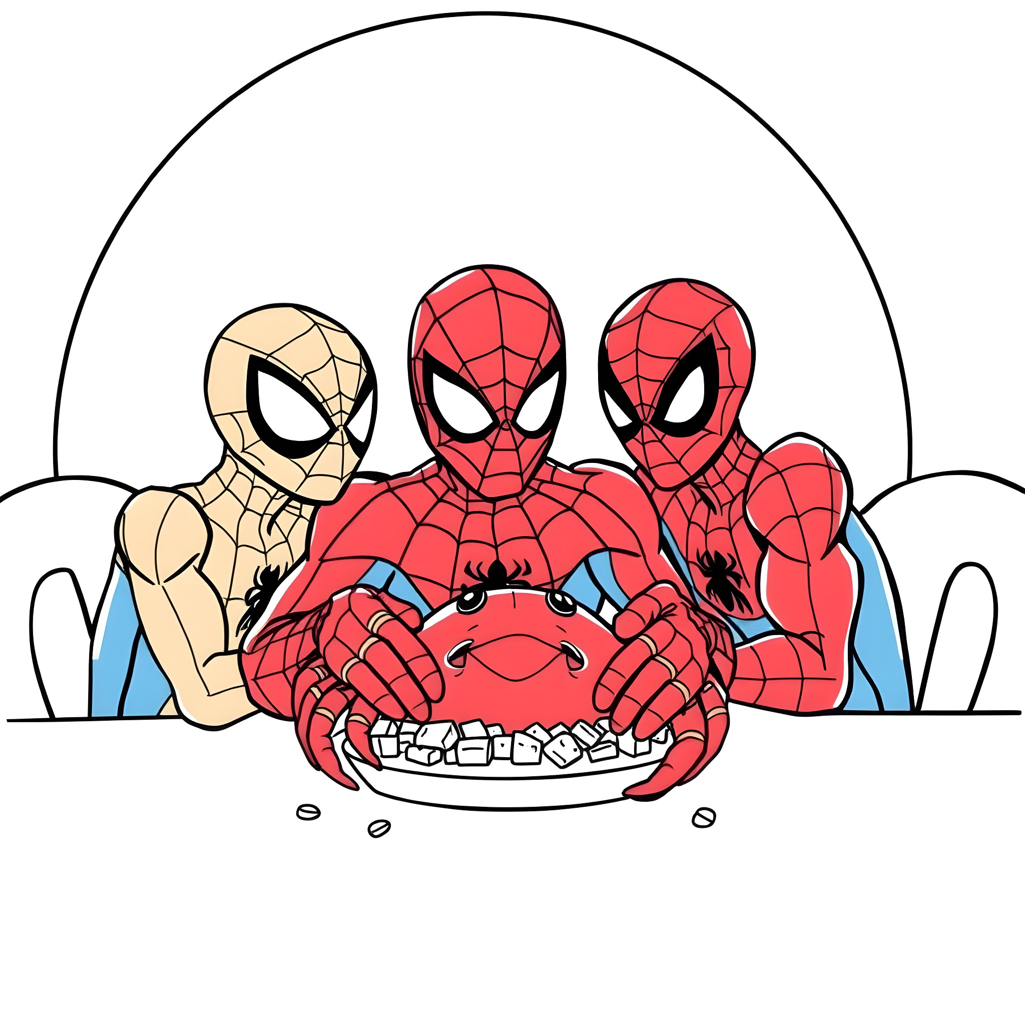 Spidey trio faces off against giant crab monster Coloring Page (free black-and-white line drawing printable PDF for all, from beginners to advanced learners, including children, teens, adults, and seniors)