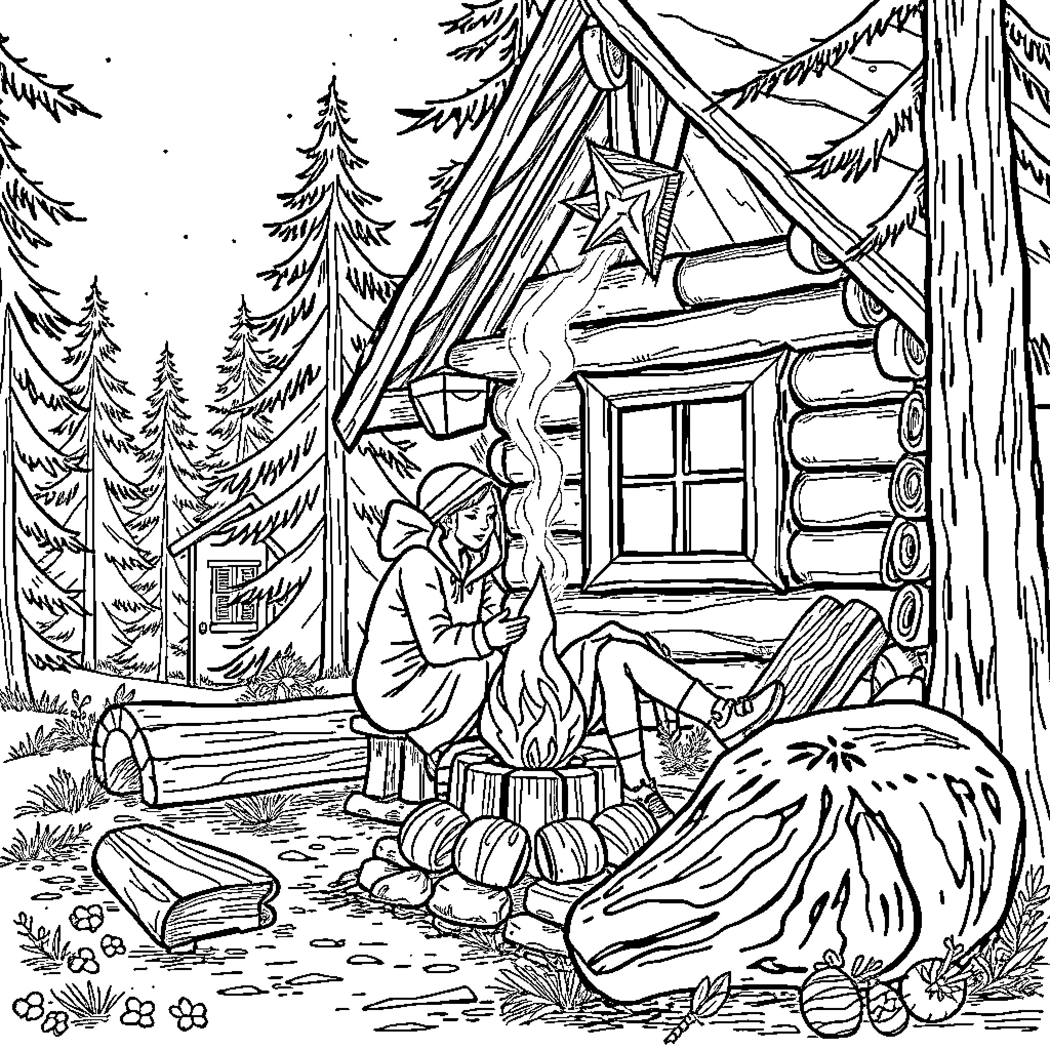 Lover enjoying cozy cabin scene in the woods Coloring Page (free black-and-white line drawing printable PDF for all, from beginners to advanced learners, including children, teens, adults, and seniors)