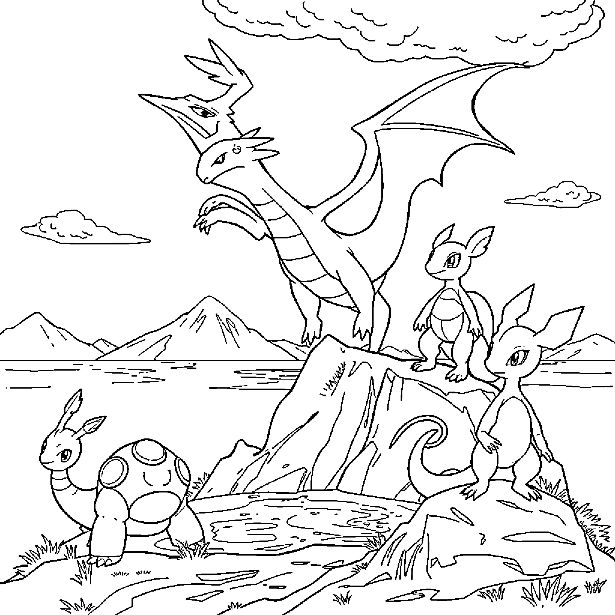 Pokémon characters adventuring in a mountainous landscape Coloring Page (free black-and-white line drawing printable PDF for all, from beginners to advanced learners, including children, teens, adults, and seniors)