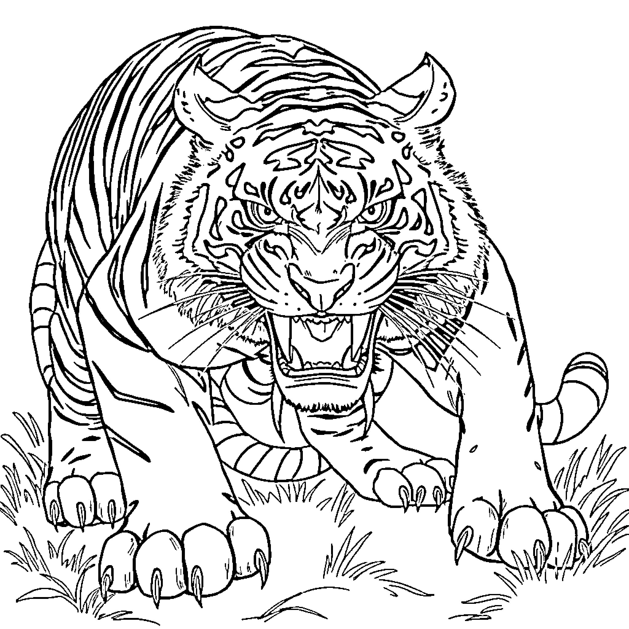 Tiger prowling in the wild Coloring Page (free black-and-white line drawing printable PDF for all, from beginners to advanced learners, including children, teens, adults, and seniors)