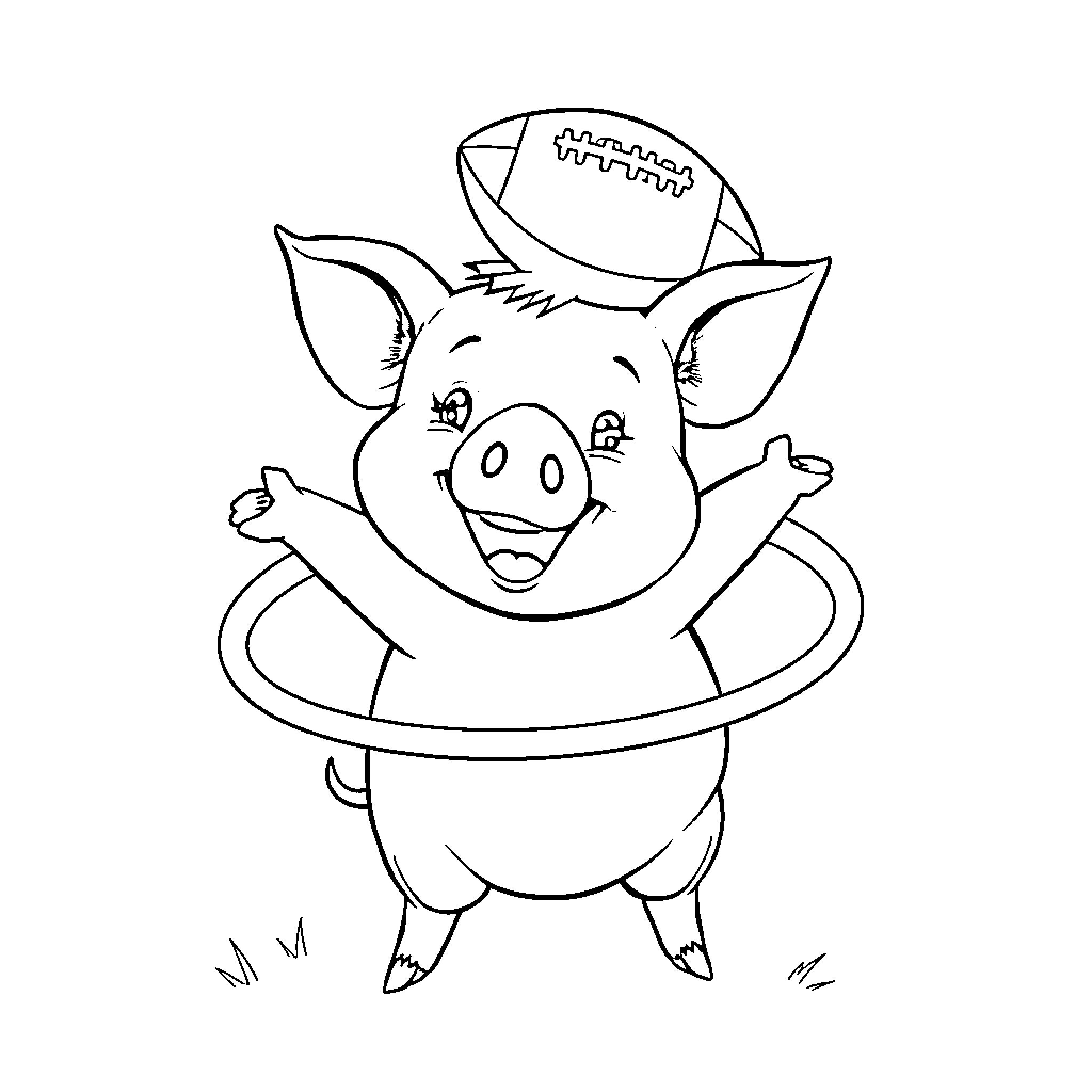 Pig playing with tire swing happily Coloring Page (free black-and-white line drawing printable PDF for all, from beginners to advanced learners, including children, teens, adults, and seniors)