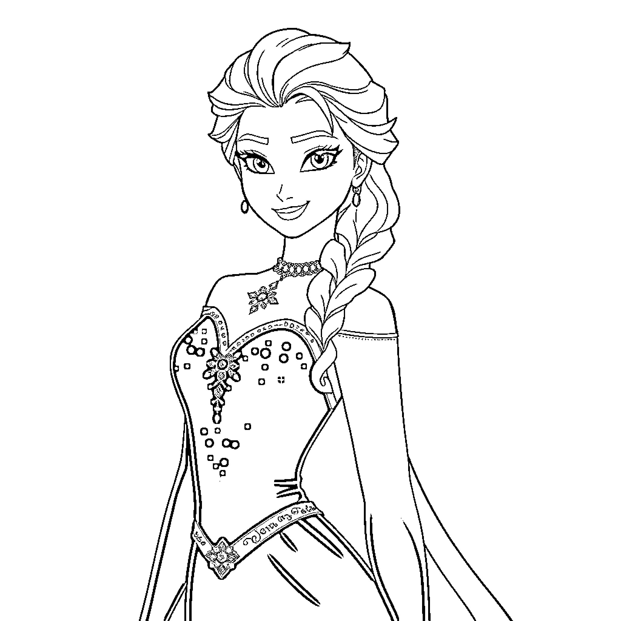 Elsa in elegant frozen winter attire Coloring Page (free black-and-white line drawing printable PDF for all, from beginners to advanced learners, including children, teens, adults, and seniors)
