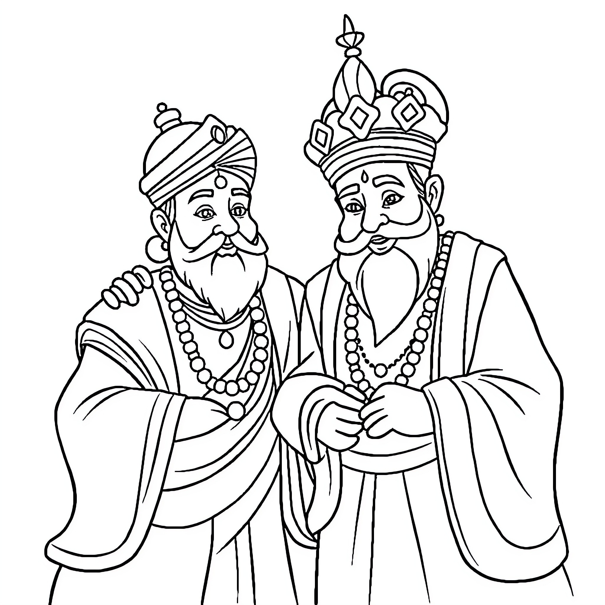Akbar and the Wise Royal Advisors Coloring Page (free black-and-white line drawing printable PDF for all, from beginners to advanced learners, including children, teens, adults, and seniors)