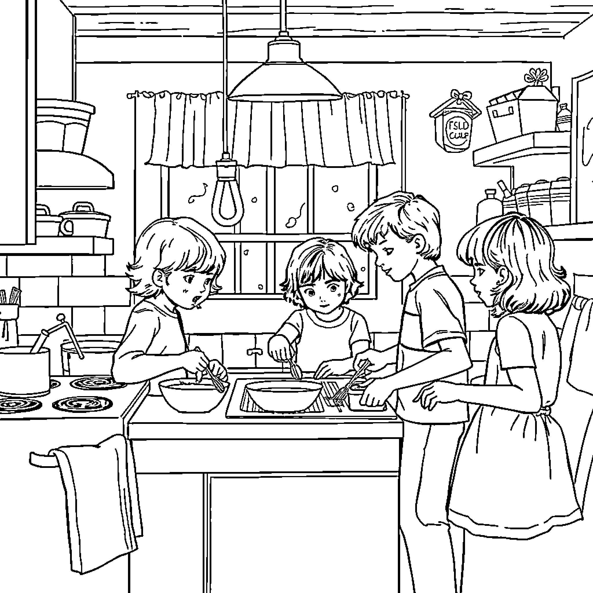 Stranger Things: Kids Cooking in the Kitchen Coloring Page (free black-and-white line drawing printable PDF for all, from beginners to advanced learners, including children, teens, adults, and seniors)