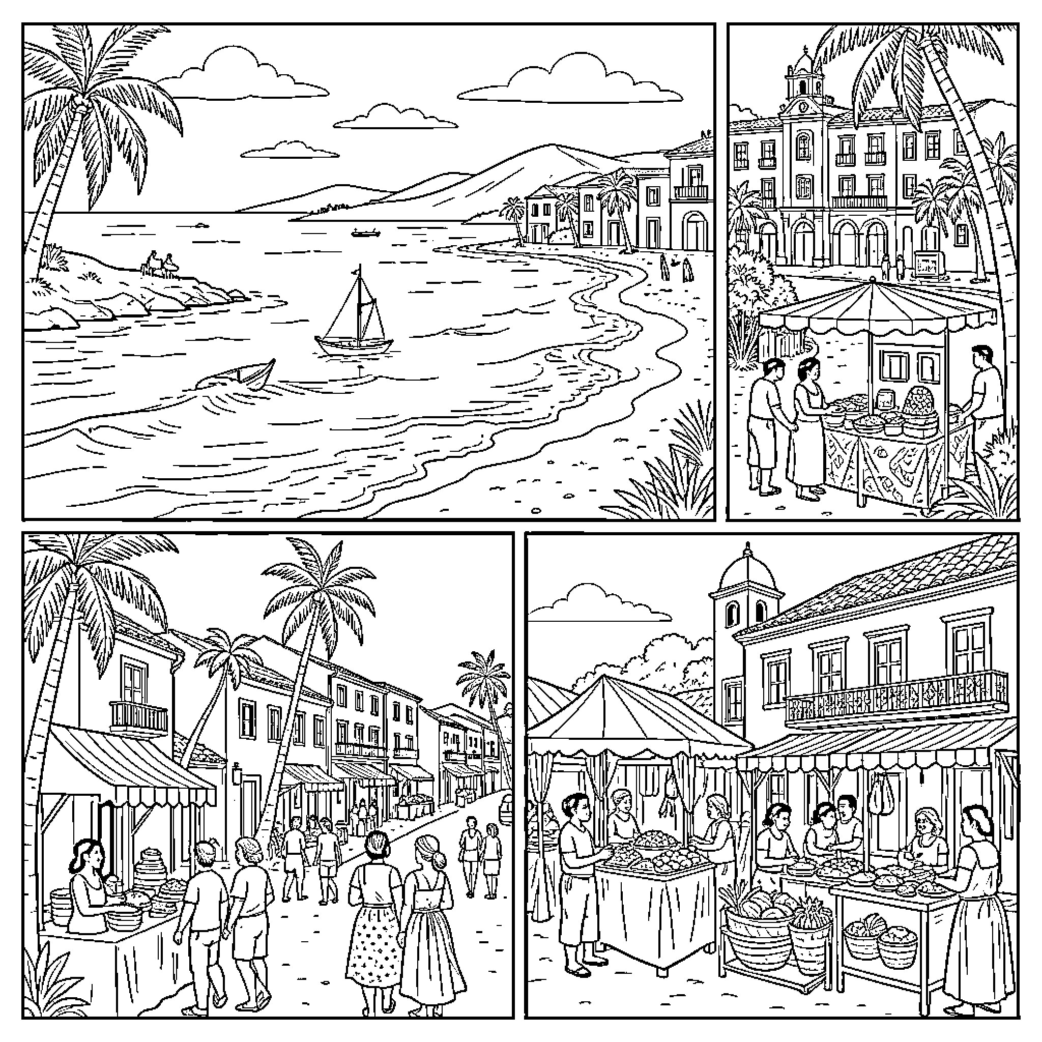 Place with Seaside and City Life Scenes Coloring Page (free black-and-white line drawing printable PDF for all, from beginners to advanced learners, including children, teens, adults, and seniors)