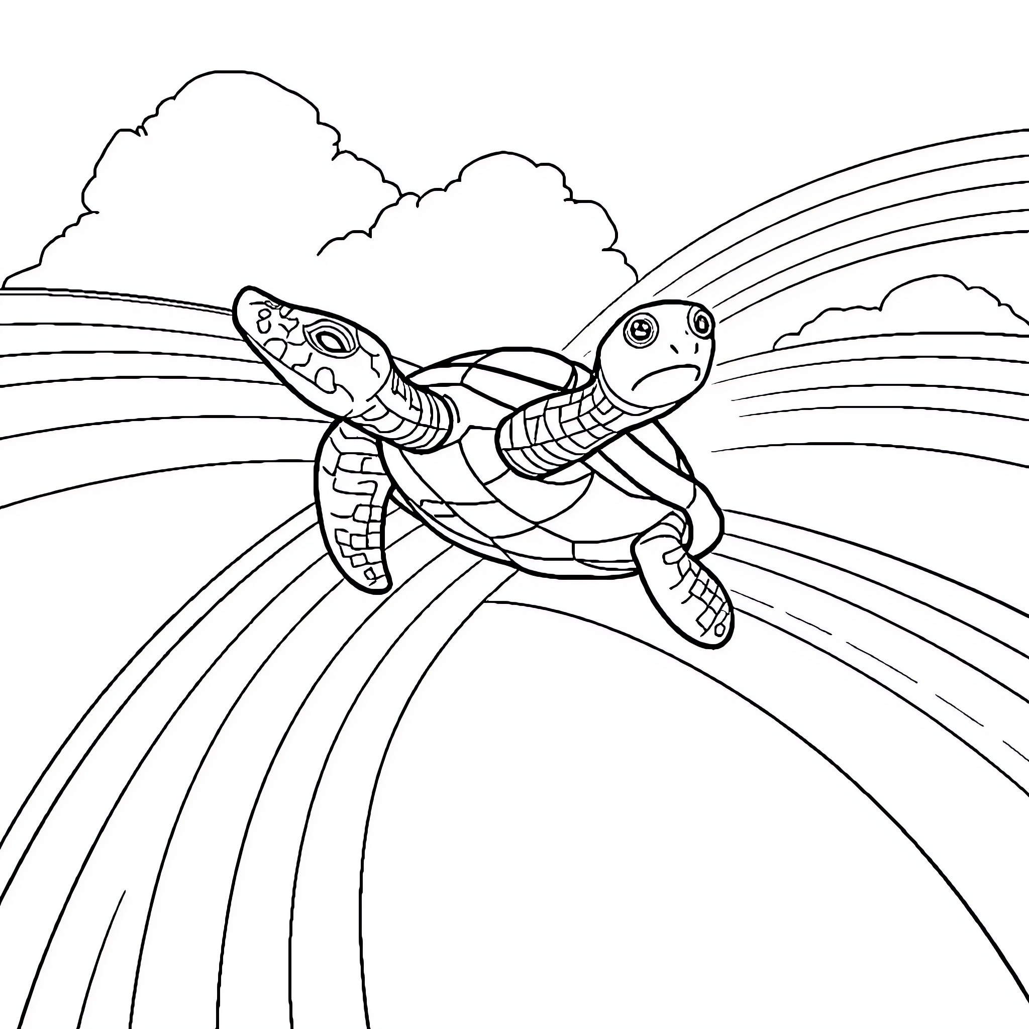Turtle swimming through rainbow-colored waves Coloring Page (free black-and-white line drawing printable PDF for all, from beginners to advanced learners, including children, teens, adults, and seniors)