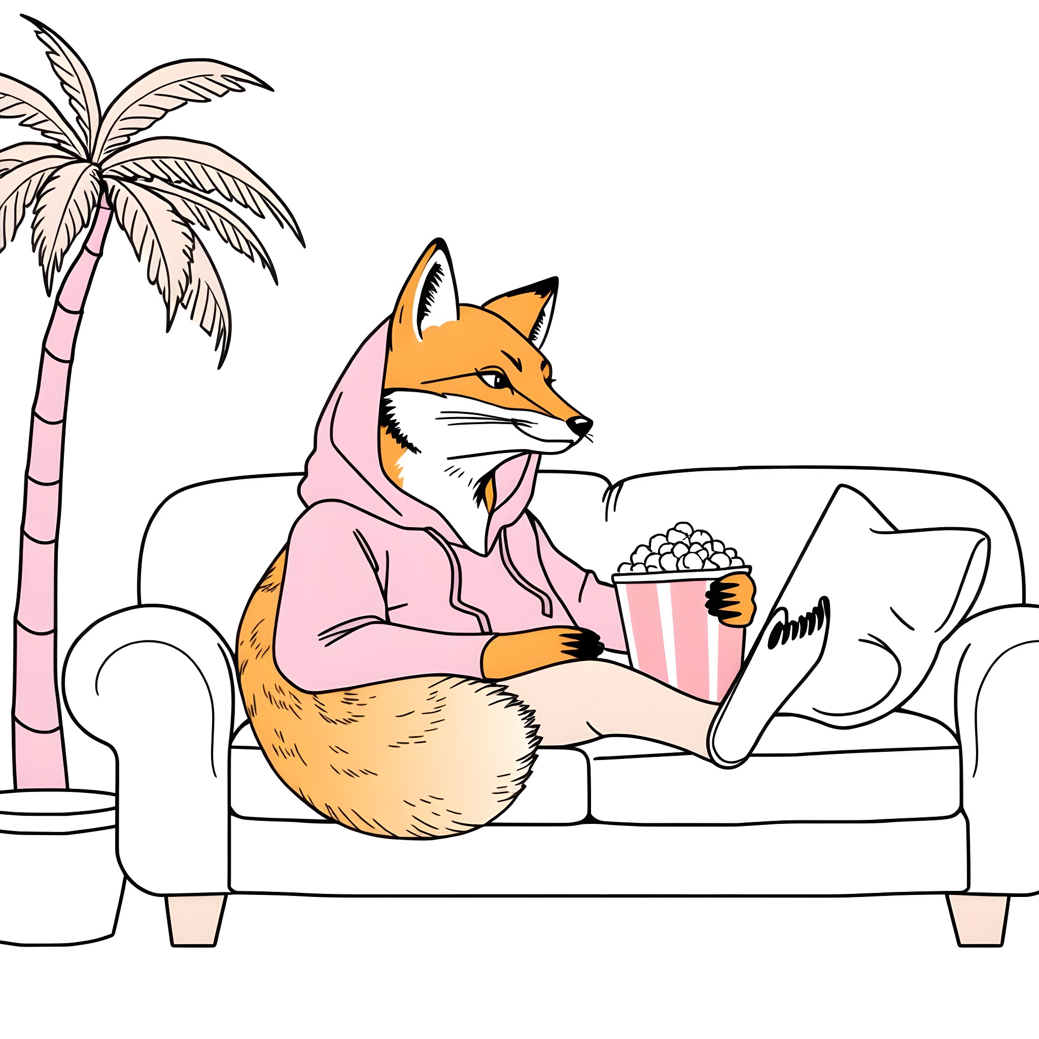 Fox relaxing on the couch with popcorn Coloring Page (free black-and-white line drawing printable PDF for all, from beginners to advanced learners, including children, teens, adults, and seniors)
