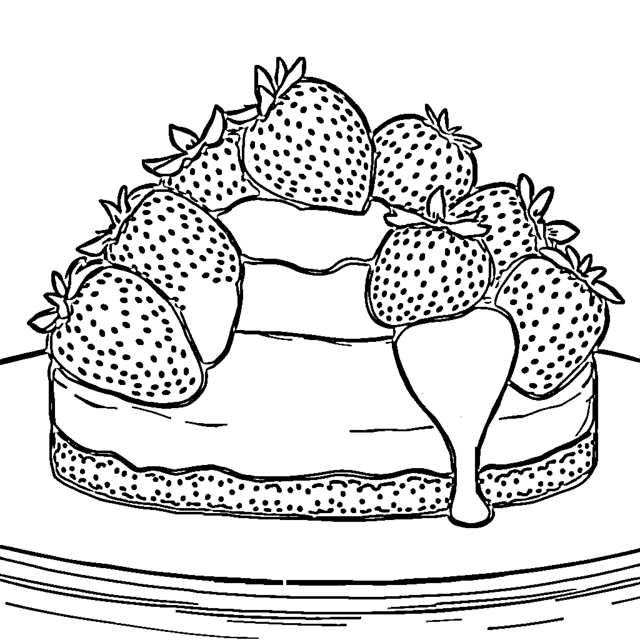 Cheesecake with fresh strawberries on a plate Coloring Page (free black-and-white line drawing printable PDF for all, from beginners to advanced learners, including children, teens, adults, and seniors)