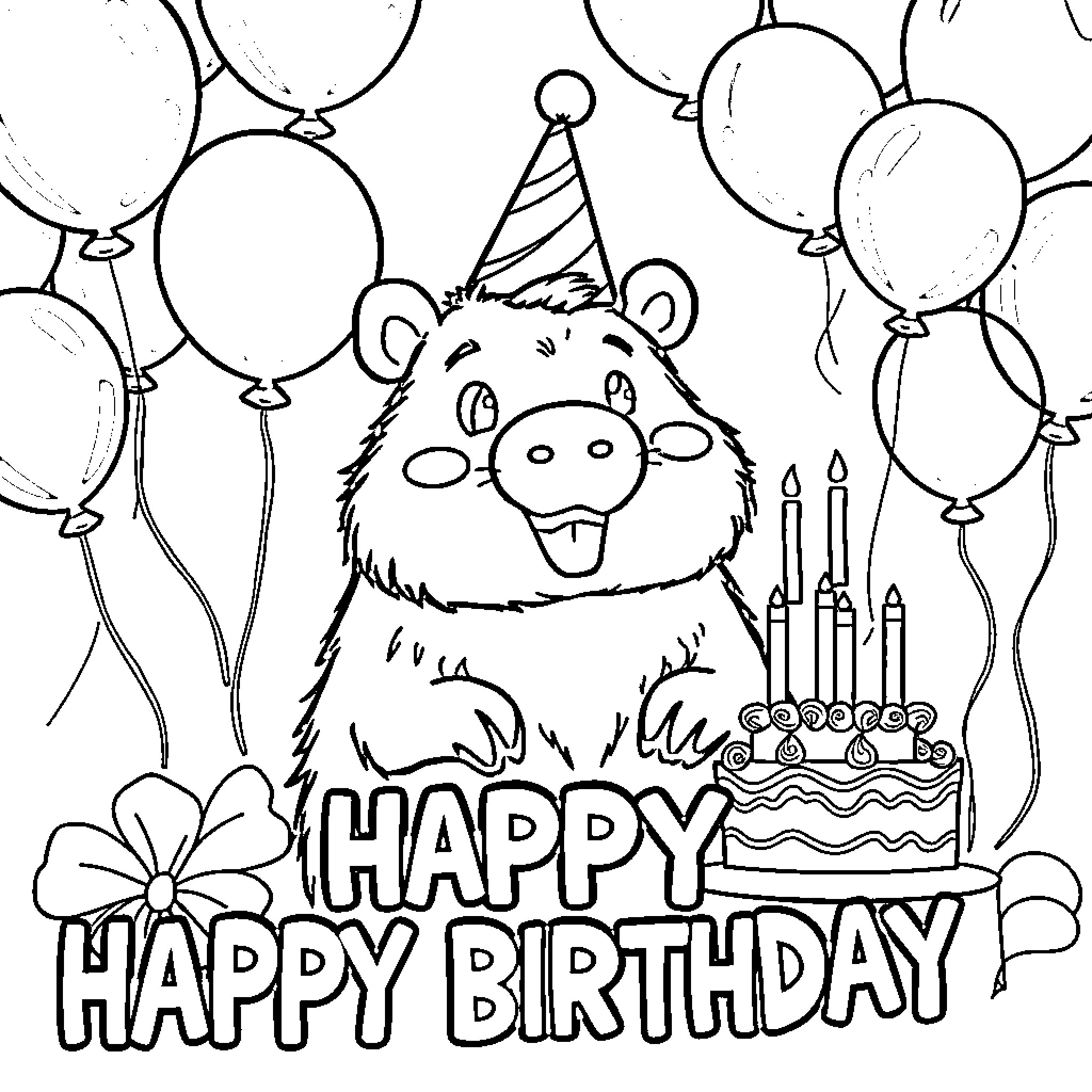 Capybara celebrating a happy birthday with balloons Coloring Page (free black-and-white line drawing printable PDF for all, from beginners to advanced learners, including children, teens, adults, and seniors)