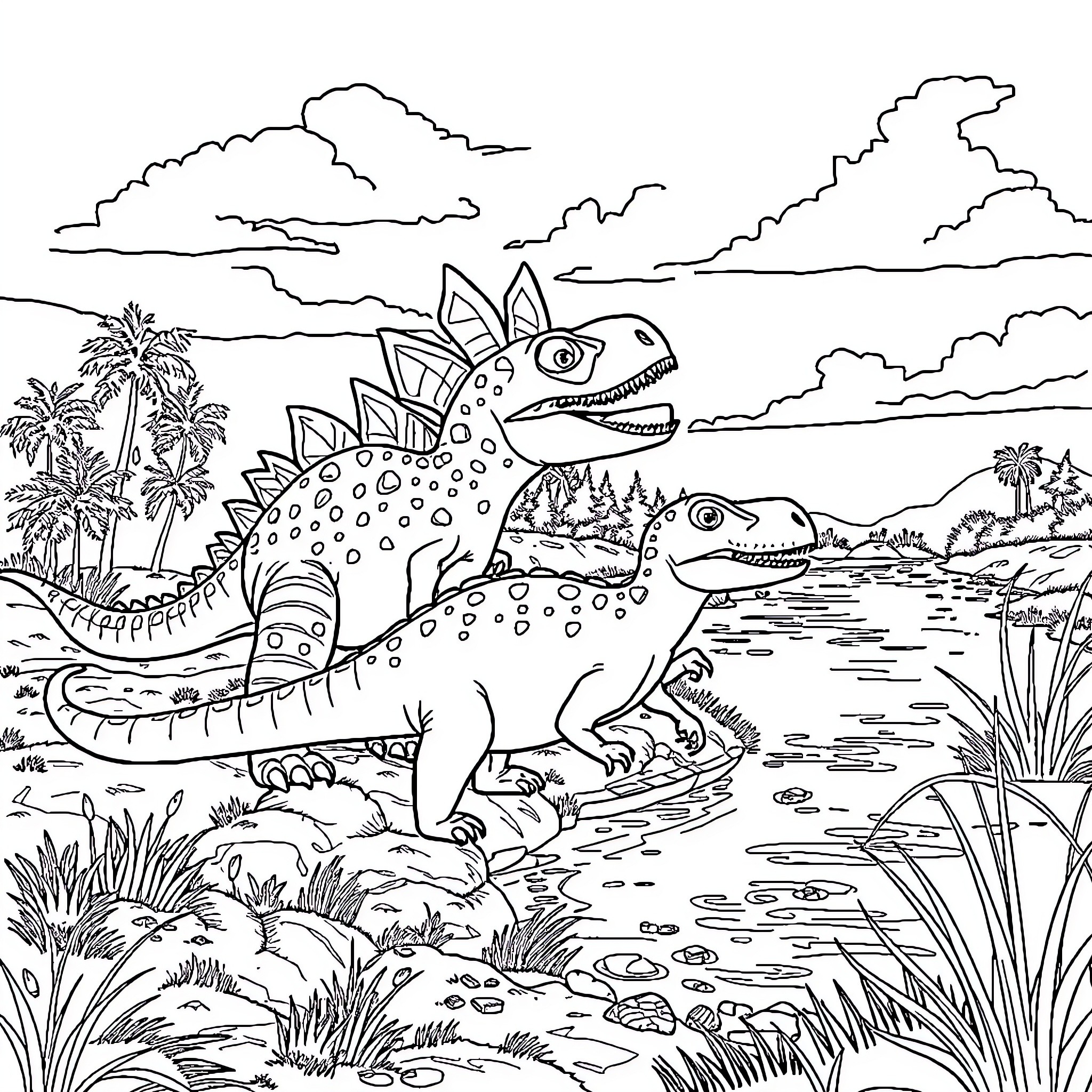 Dinosaurs playing in tropical landscape Coloring Page (free black-and-white line drawing printable PDF for all, from beginners to advanced learners, including children, teens, adults, and seniors)