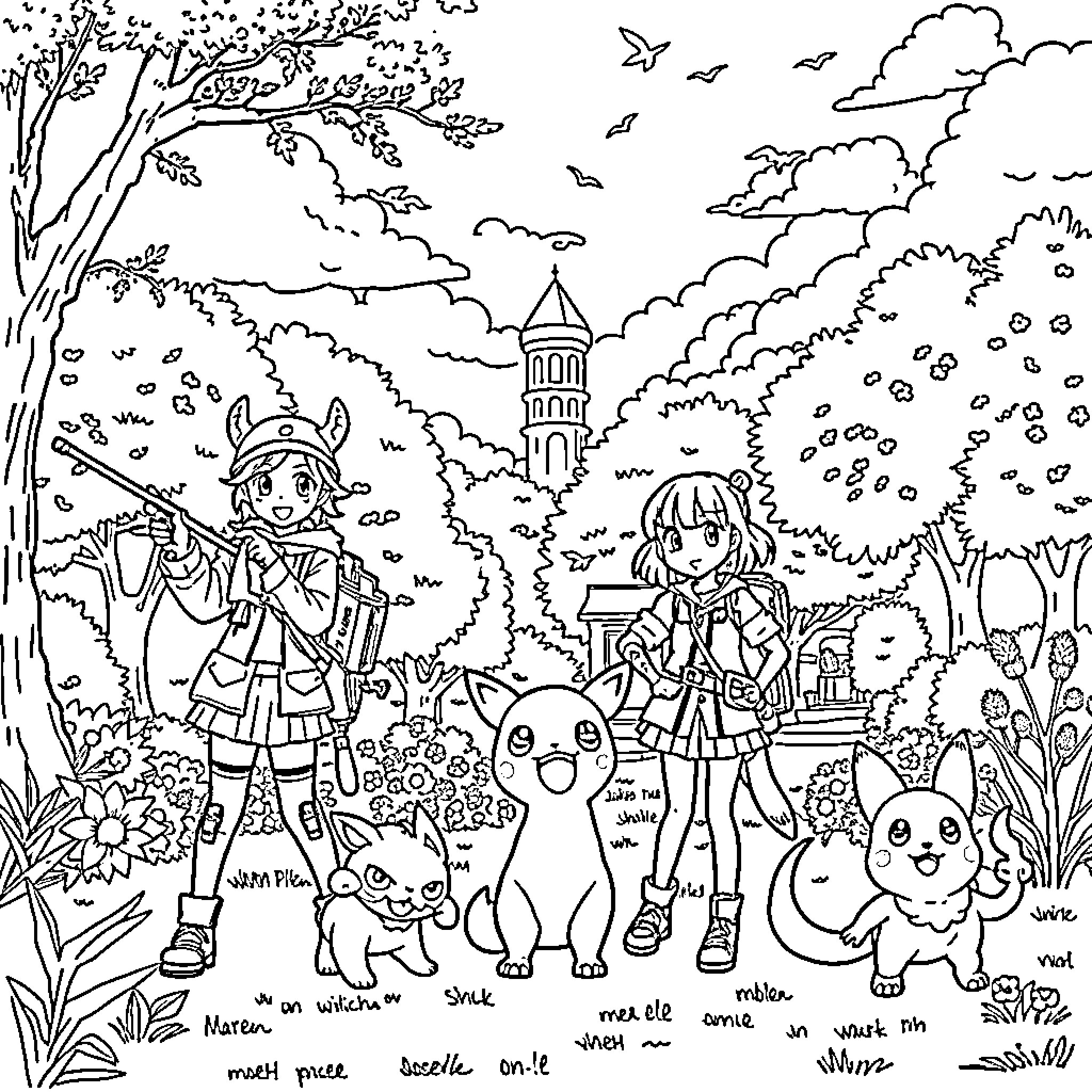 Kpop Characters Enjoying Outdoor Adventure Coloring Page (free black-and-white line drawing printable PDF for all, from beginners to advanced learners, including children, teens, adults, and seniors)