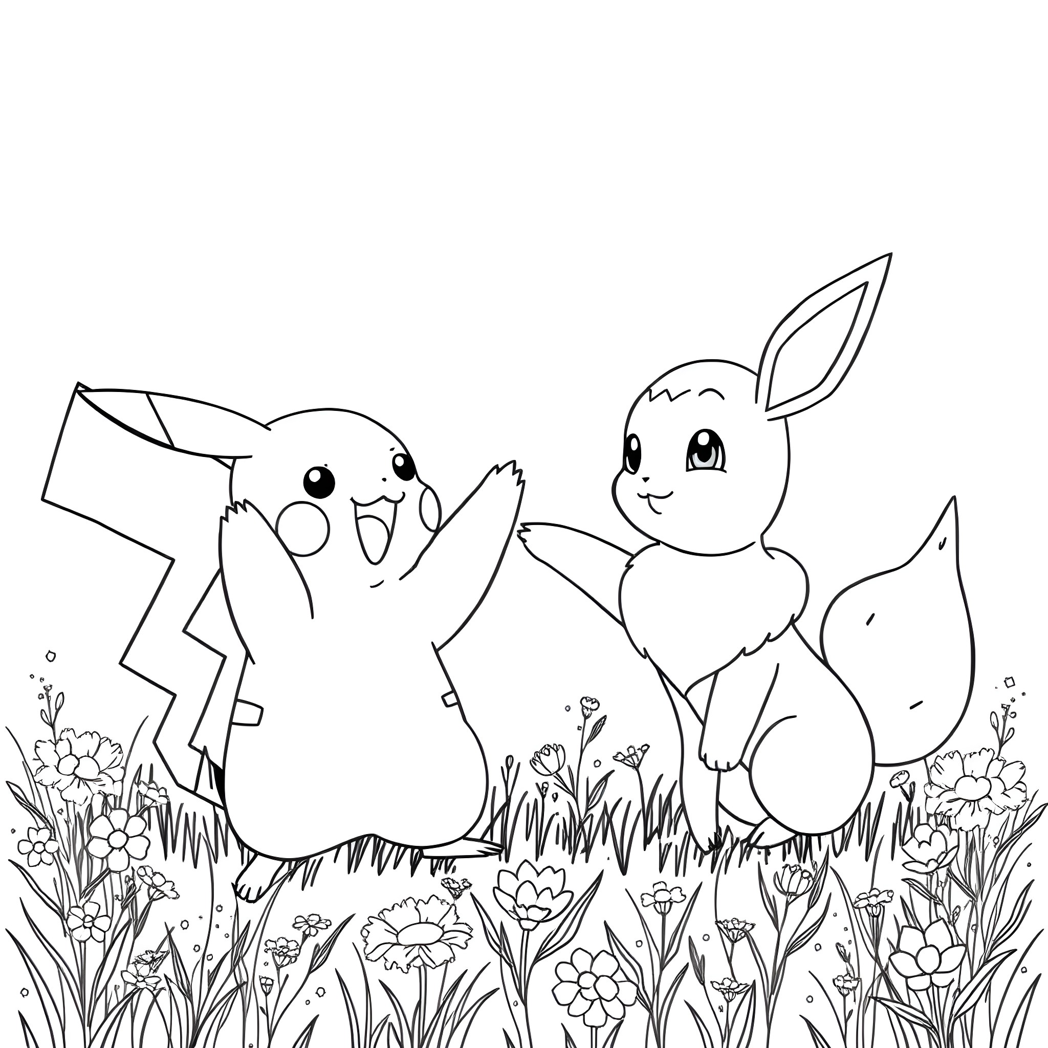Pikachu and Eevee playing happily in the meadow Coloring Page (free black-and-white line drawing printable PDF for all, from beginners to advanced learners, including children, teens, adults, and seniors)