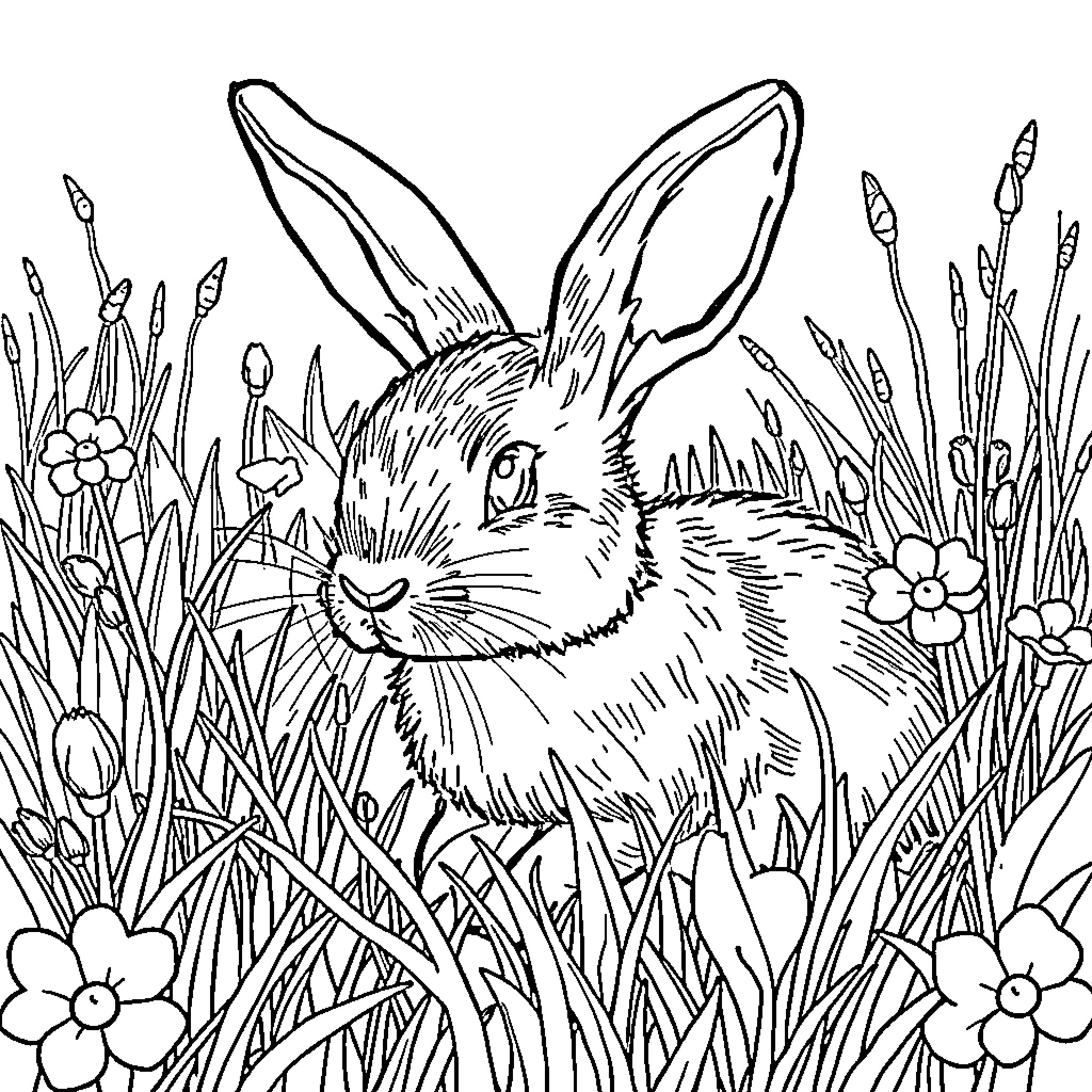 Rabbit sitting amidst flowers and grass Coloring Page (free black-and-white line drawing printable PDF for all, from beginners to advanced learners, including children, teens, adults, and seniors)