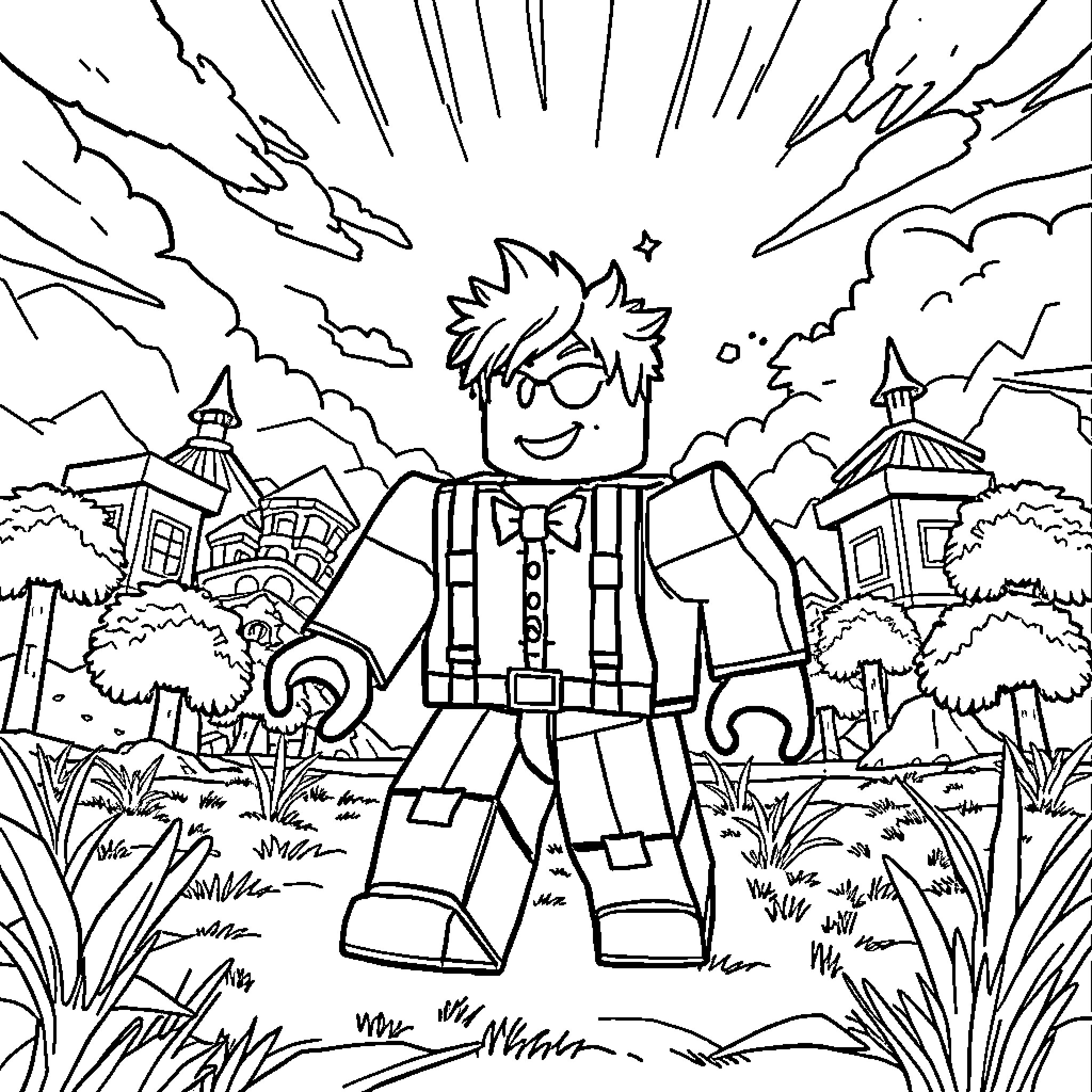 Roblox character in an adventurous outdoor scene Coloring Page (free black-and-white line drawing printable PDF for all, from beginners to advanced learners, including children, teens, adults, and seniors)