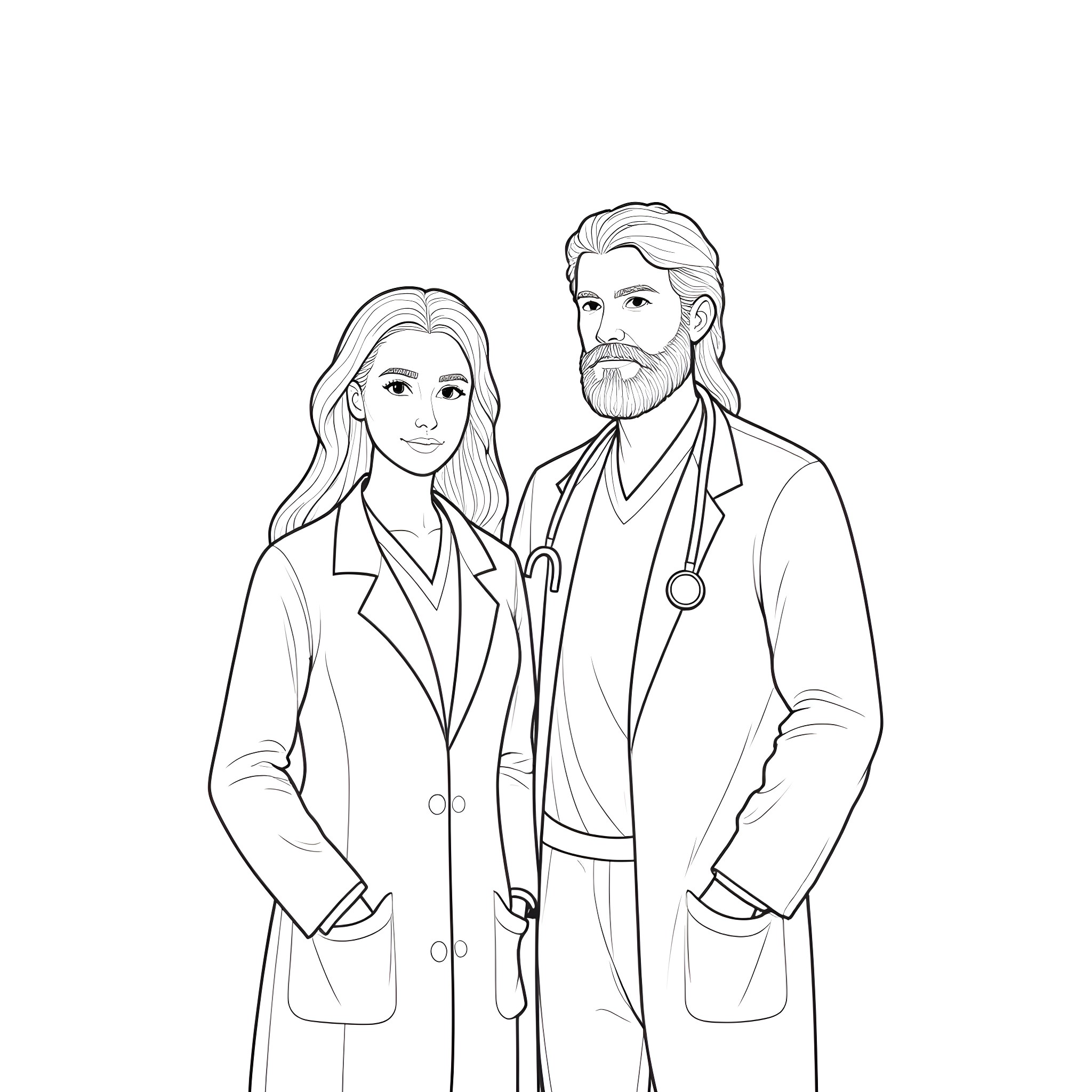 Man and woman in doctor's coats standing together Coloring Page (free black-and-white line drawing printable PDF for all, from beginners to advanced learners, including children, teens, adults, and seniors)