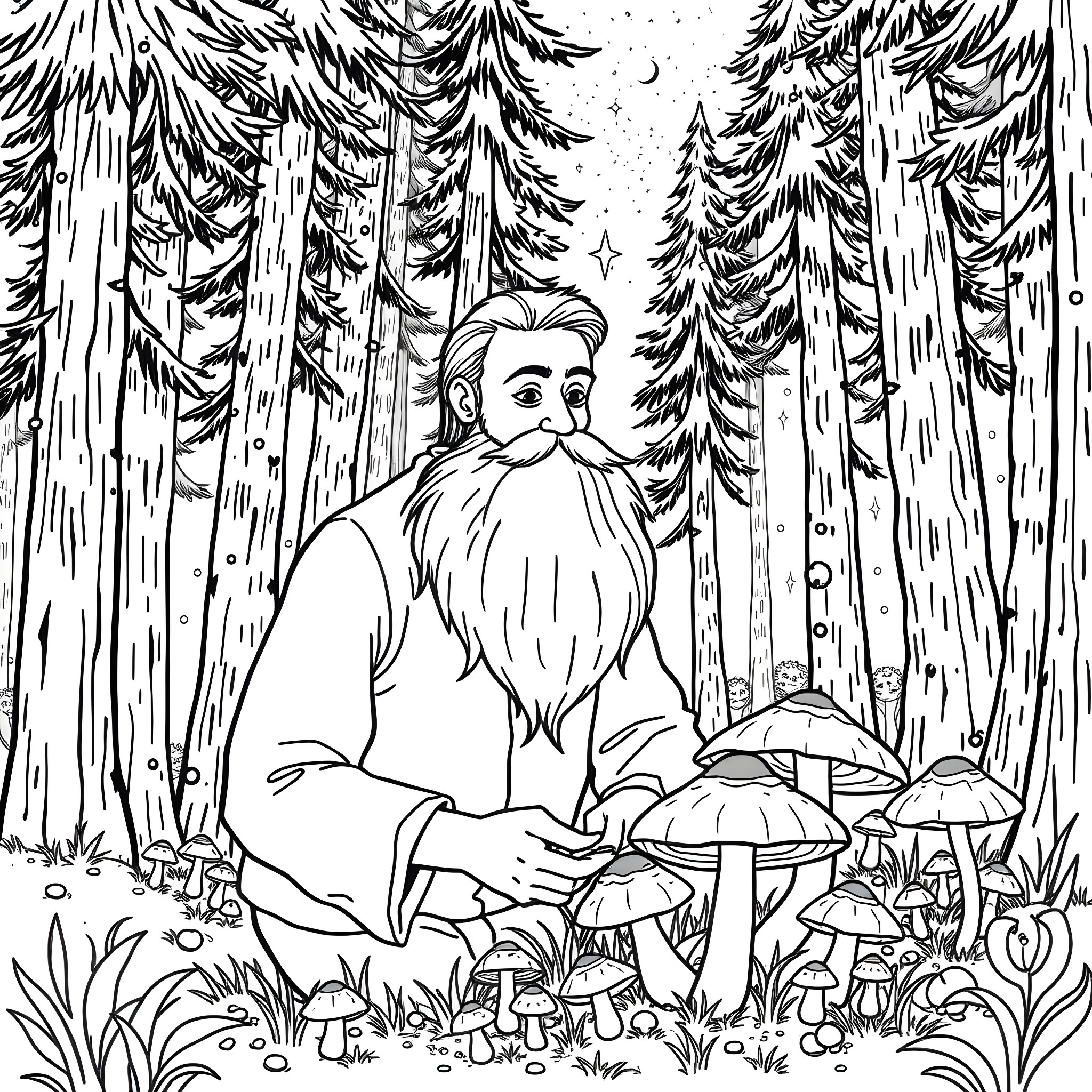 Guy sitting in a snowy forest with mushrooms Coloring Page (free black-and-white line drawing printable PDF for all, from beginners to advanced learners, including children, teens, adults, and seniors)