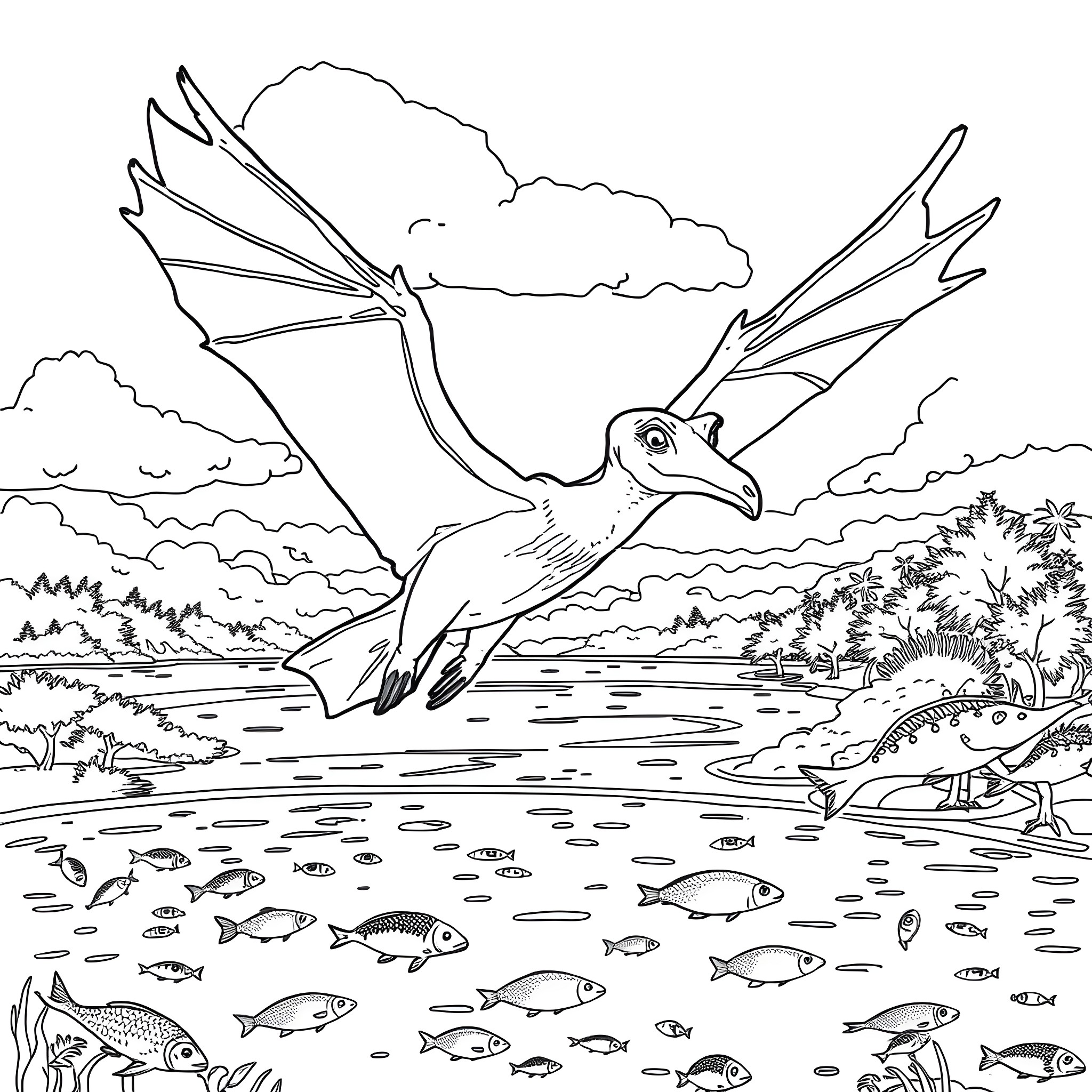 Pterodactyl soaring gracefully over a tranquil lake Coloring Page (free black-and-white line drawing printable PDF for all, from beginners to advanced learners, including children, teens, adults, and seniors)