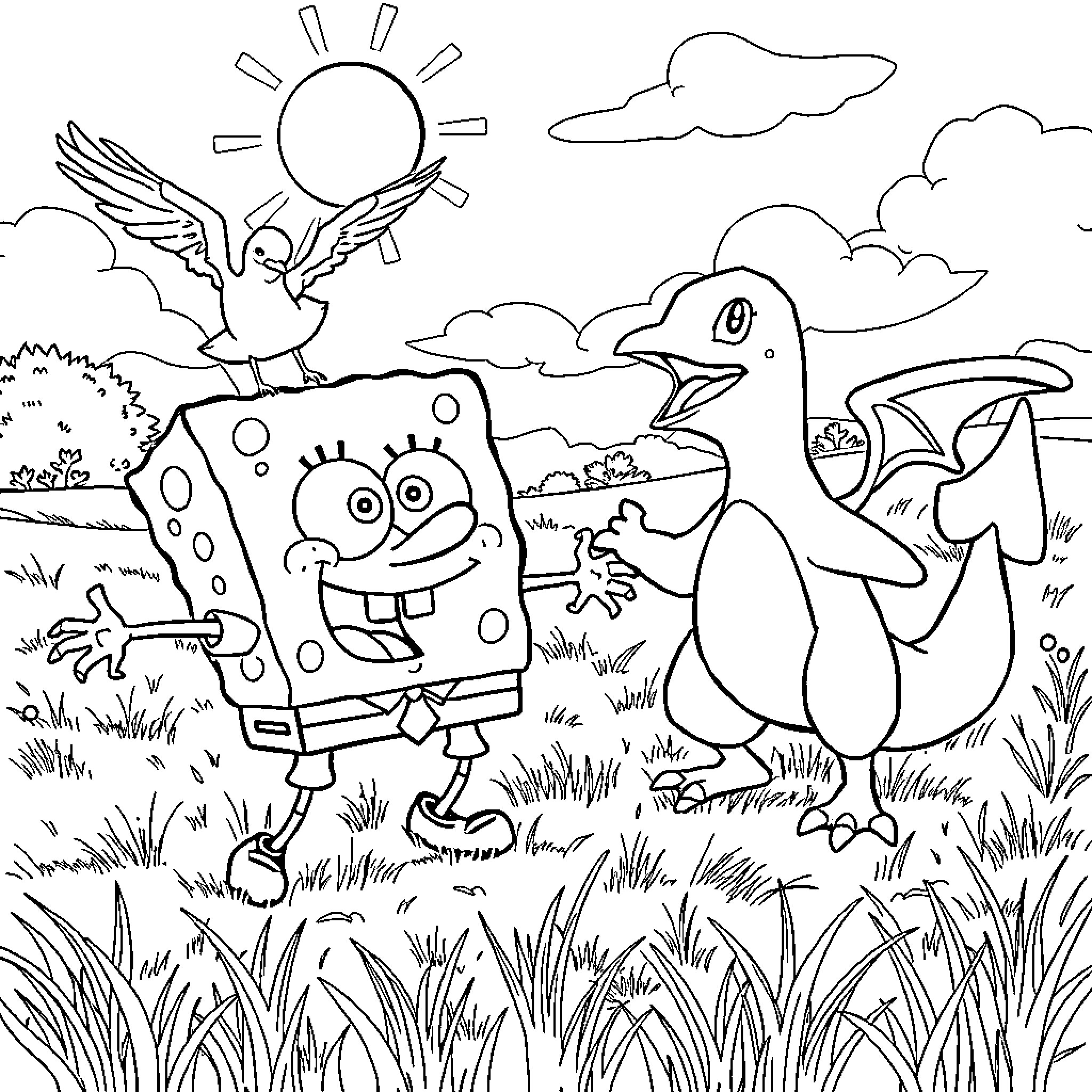 Spongebob and friends explore the outdoors Coloring Page (free black-and-white line drawing printable PDF for all, from beginners to advanced learners, including children, teens, adults, and seniors)