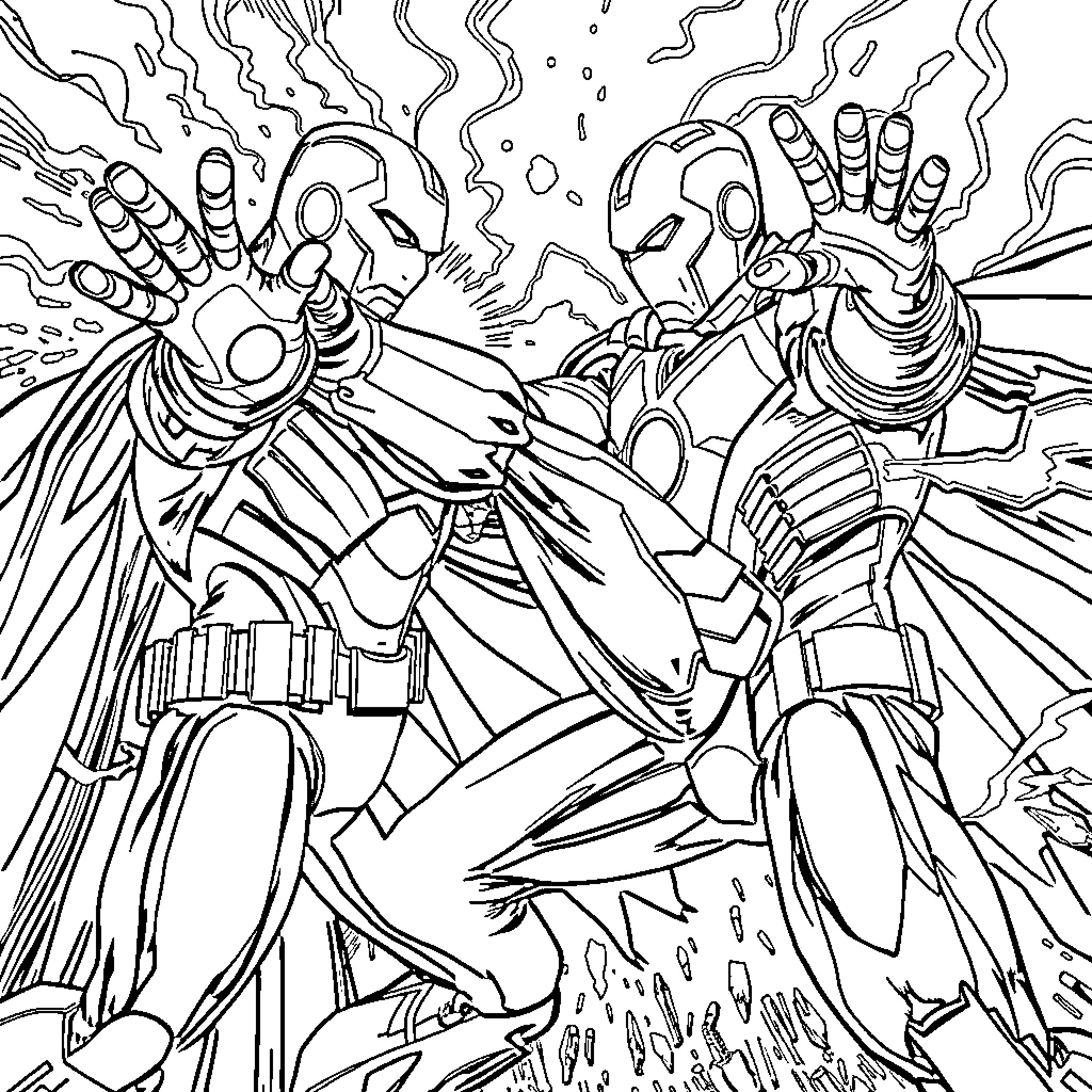 Ironman in Heroic Battle Pose Coloring Page (free black-and-white line drawing printable PDF for all, from beginners to advanced learners, including children, teens, adults, and seniors)