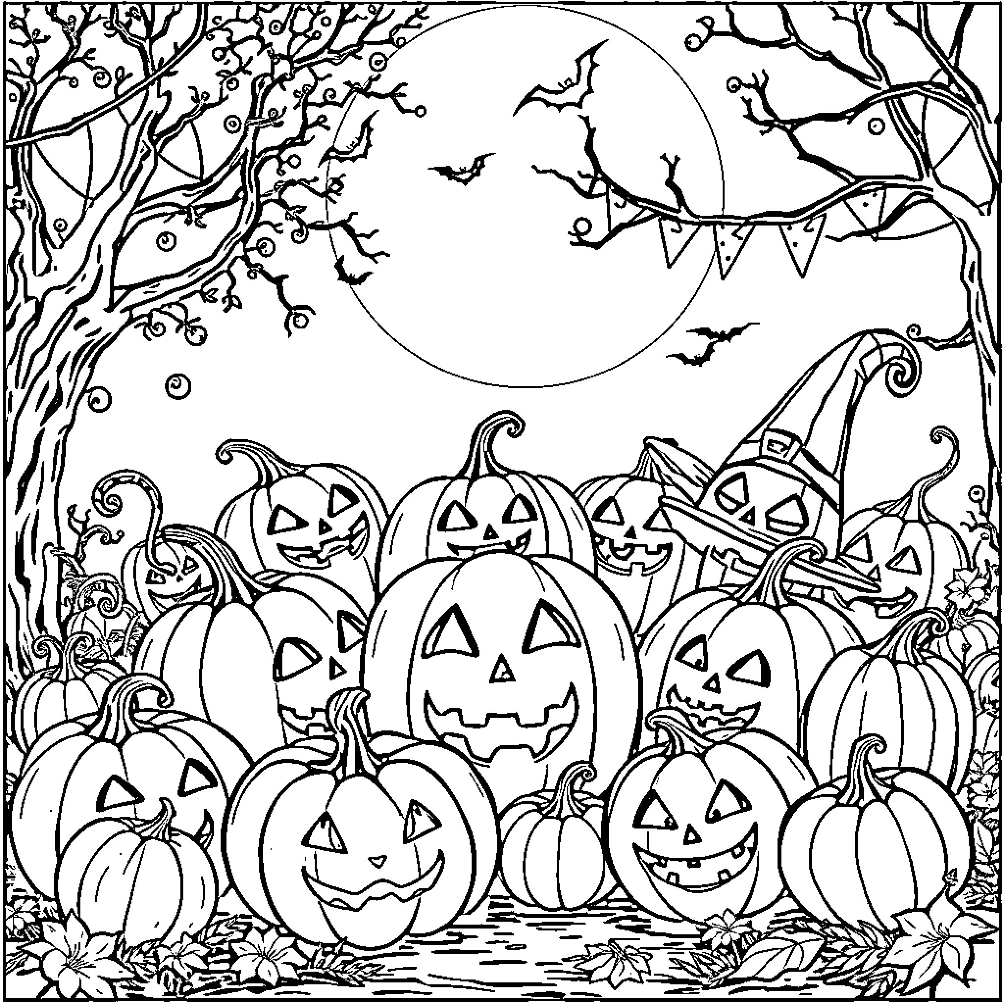 Pumpkin patch with jack-o'-lanterns under the moonlight Coloring Page (free black-and-white line drawing printable PDF for all, from beginners to advanced learners, including children, teens, adults, and seniors)