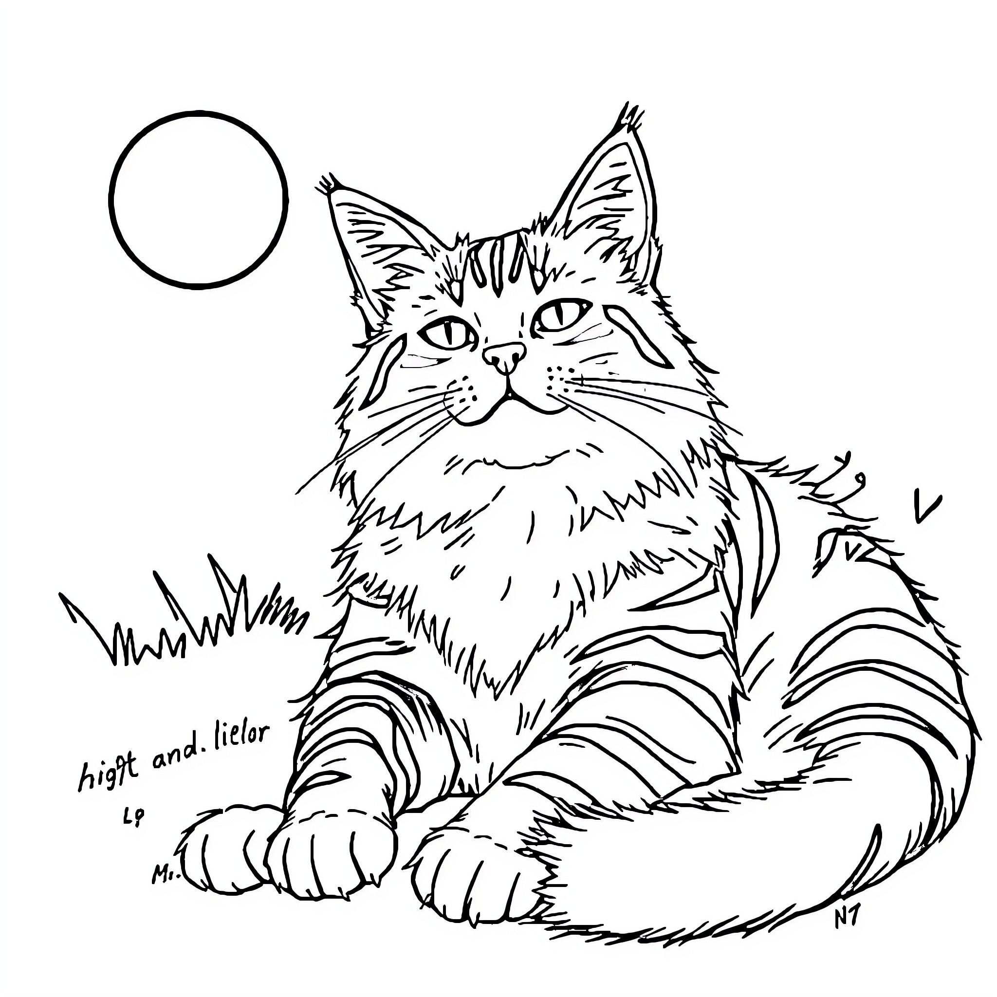 Tabby Cat sitting in the grass Coloring Page (free black-and-white line drawing printable PDF for all, from beginners to advanced learners, including children, teens, adults, and seniors)