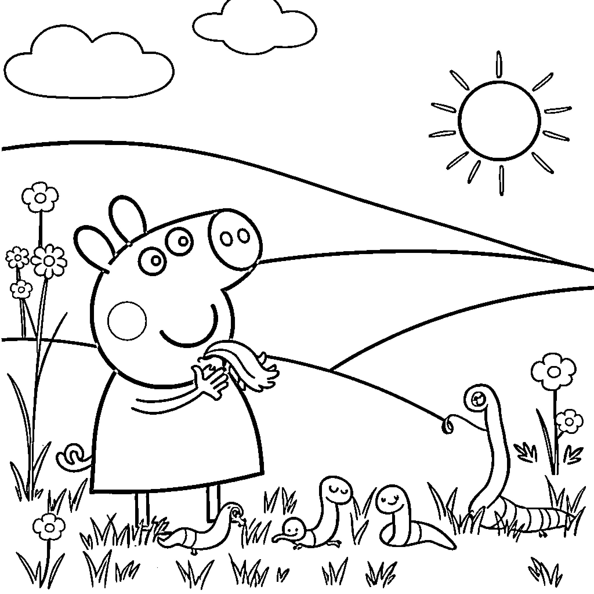 Peppa Pig enjoying nature with animal friends Coloring Page (free black-and-white line drawing printable PDF for all, from beginners to advanced learners, including children, teens, adults, and seniors)