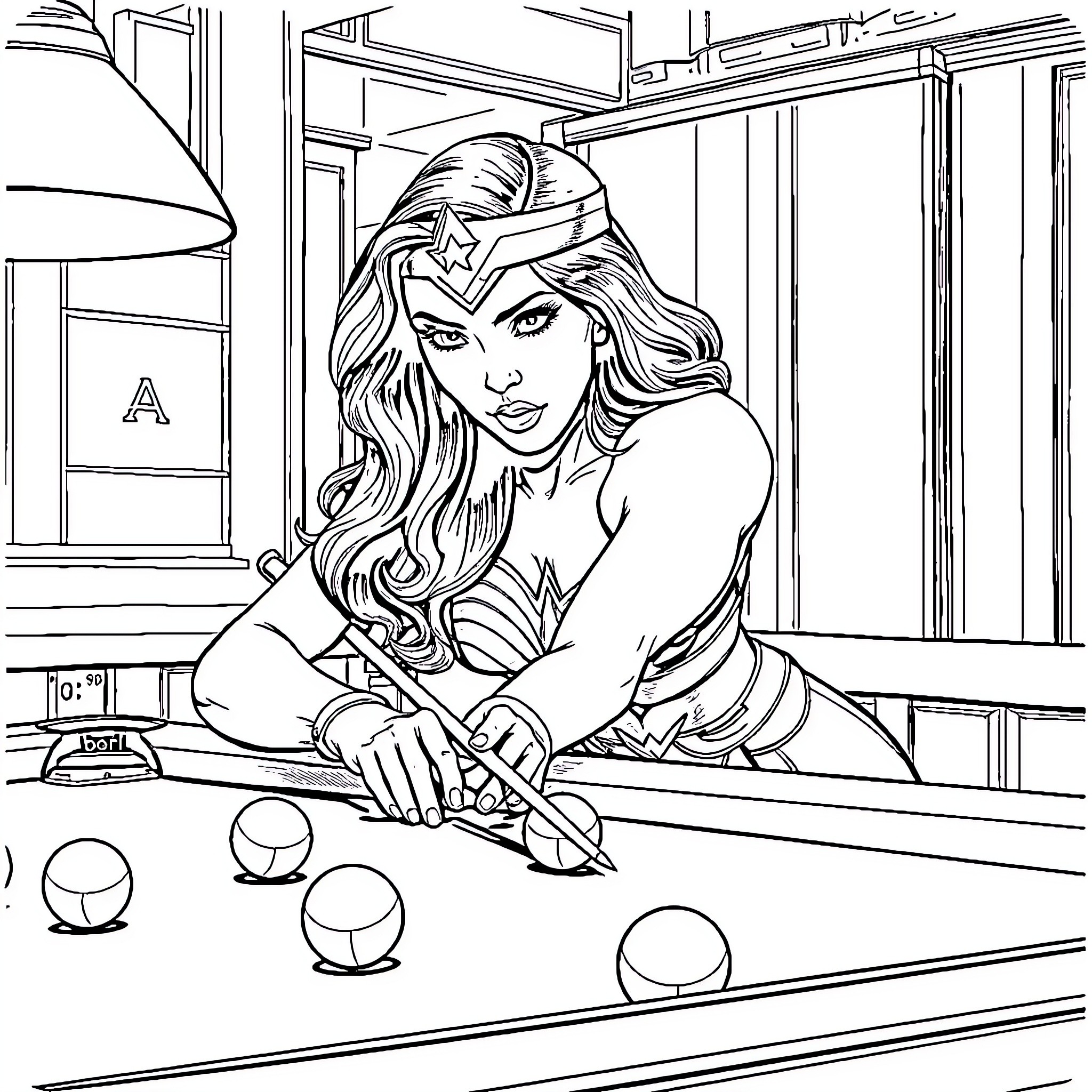 Wonder Woman in Action-Packed Pose Coloring Page (free black-and-white line drawing printable PDF for all, from beginners to advanced learners, including children, teens, adults, and seniors)