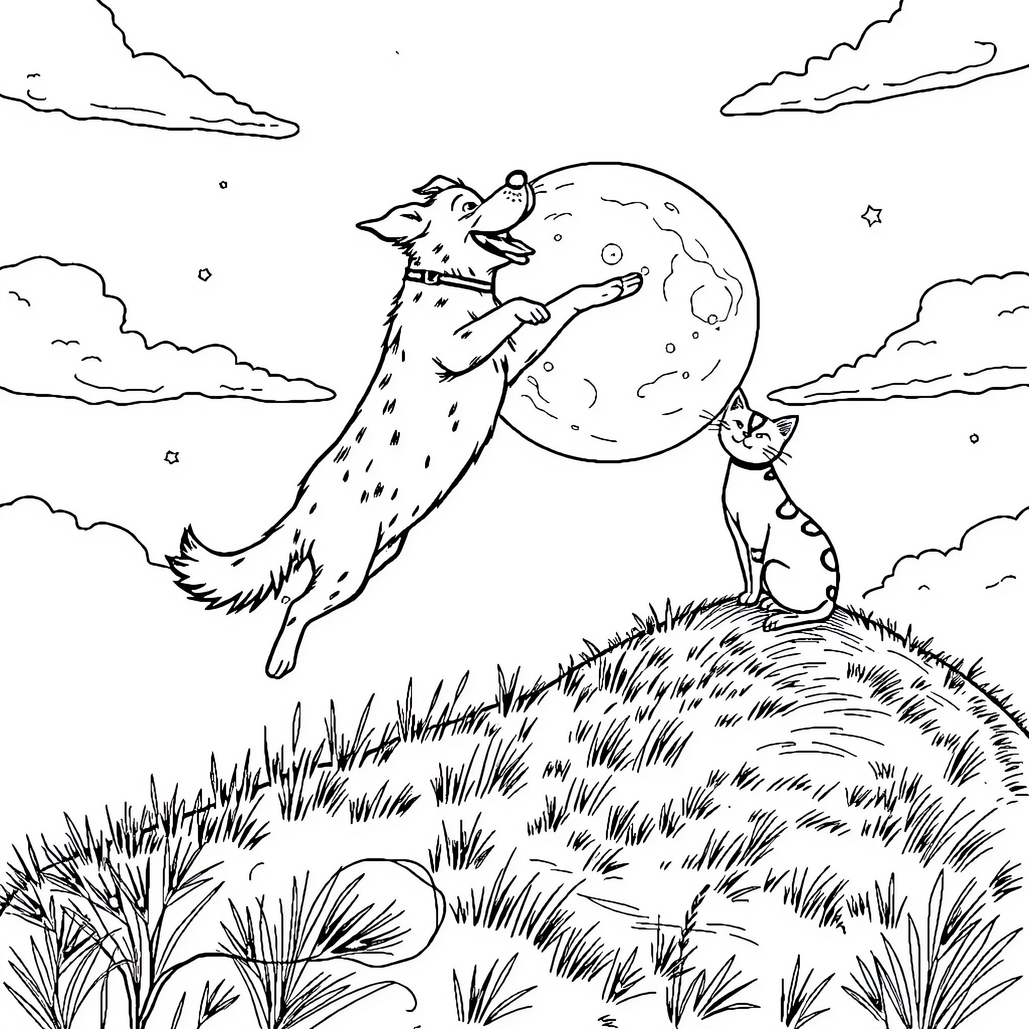 Dog howling at the moon with a cat Coloring Page (free black-and-white line drawing printable PDF for all, from beginners to advanced learners, including children, teens, adults, and seniors)
